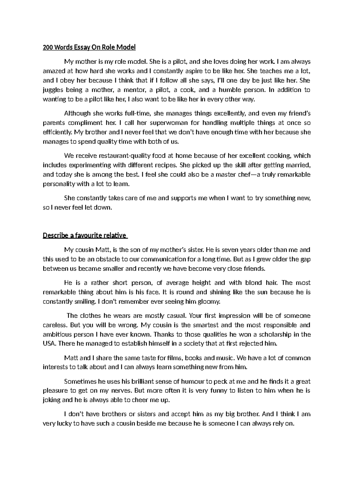200 Words Essay on My Role Model: My Mother - Studocu