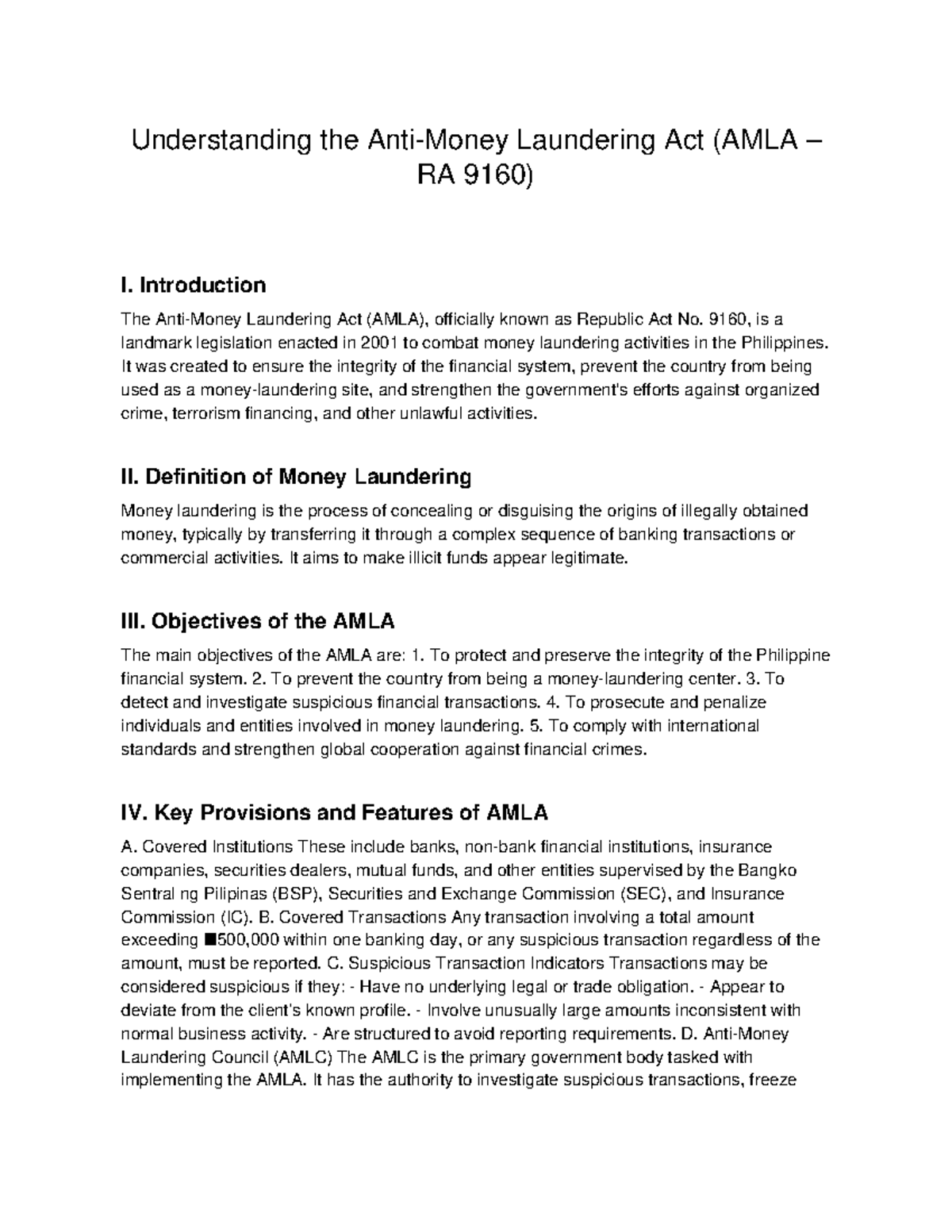 AMLA Lecture Notes: Understanding the Laundering Act (RA 9160) - Studocu