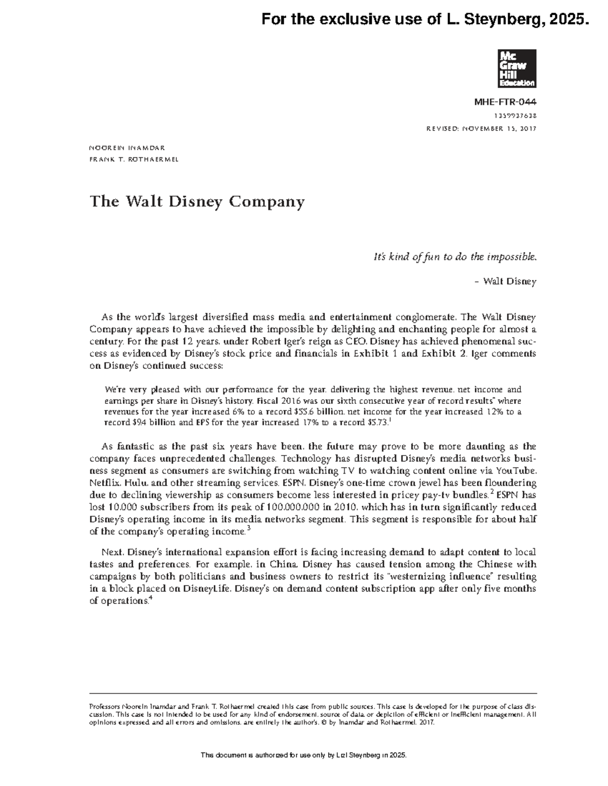 Walt Disney Company Case Study (BUS 599) - Strategic Leadership ...