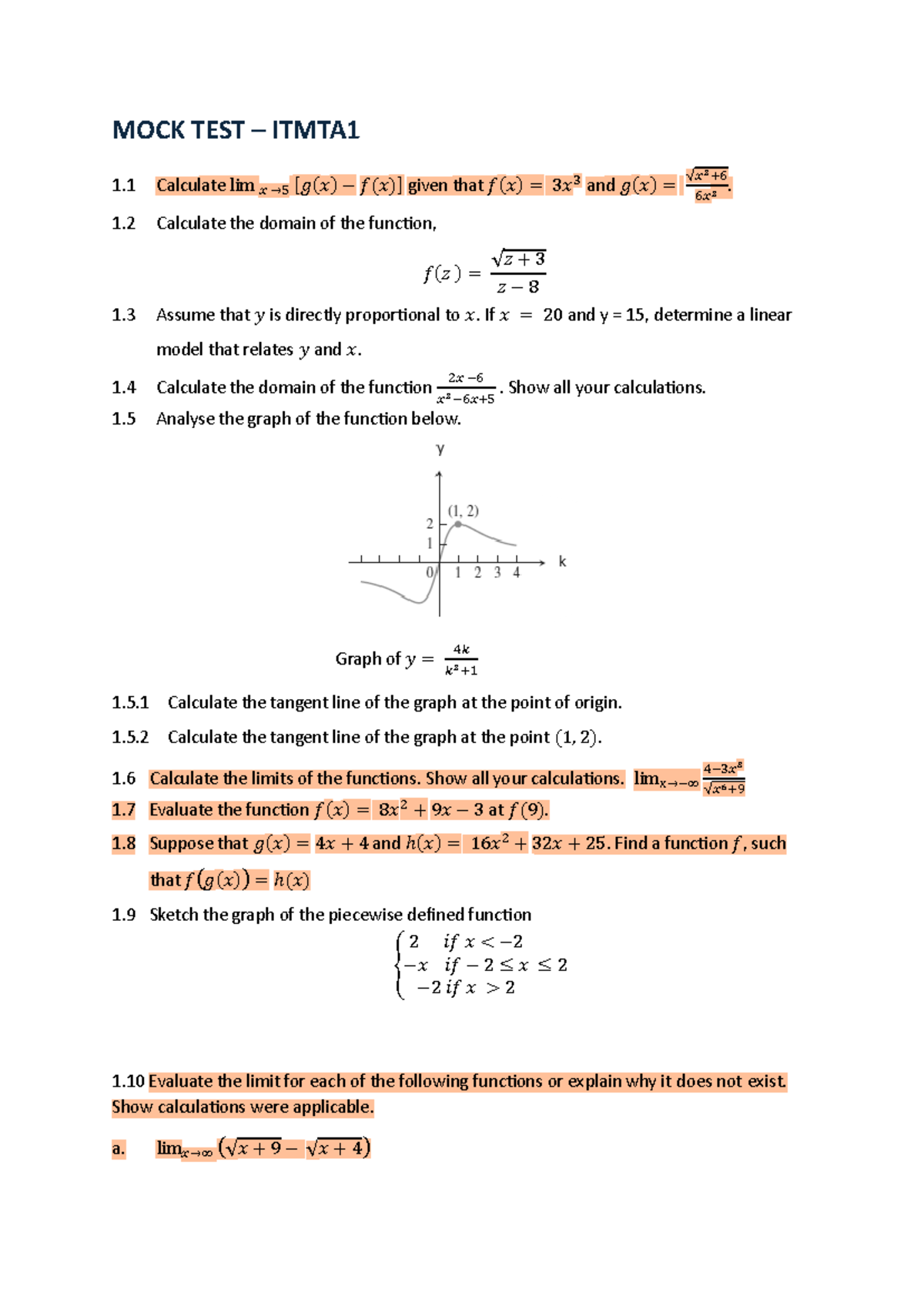 MOCK TEST ITMTA1: Functions, Limits, and Graph Analysis - Studocu