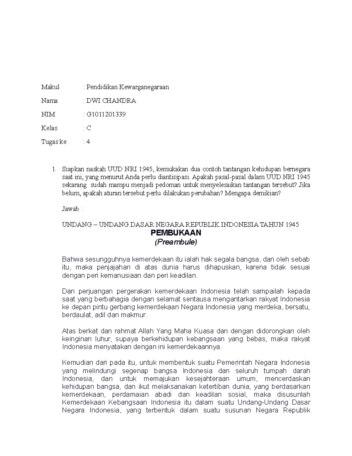 Tugas 4 Pendidikan Kewarganegaraan Dwi Chandra G10112013 - Document Preview