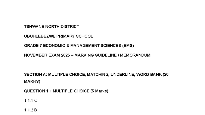 Grade 7 EMS November Exam 2025 Marking Guideline Memo - Studocu