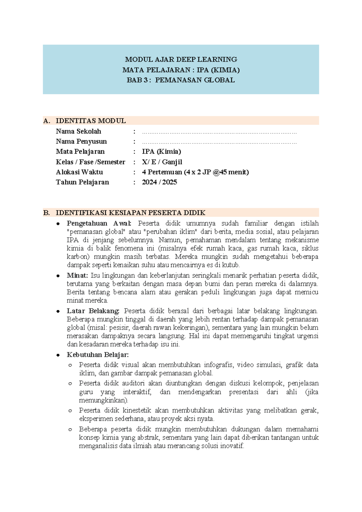 Modul Ajar Deep Learning: Pemanasan Global dalam IPA (Kimia) Kelas 10 - Document Preview