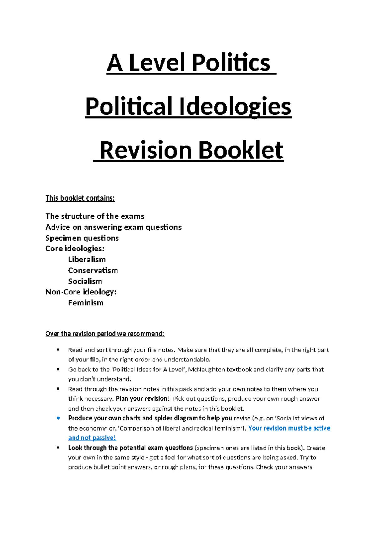 A Level Politics: Political Ideologies Revision Guide 2023 - Studocu