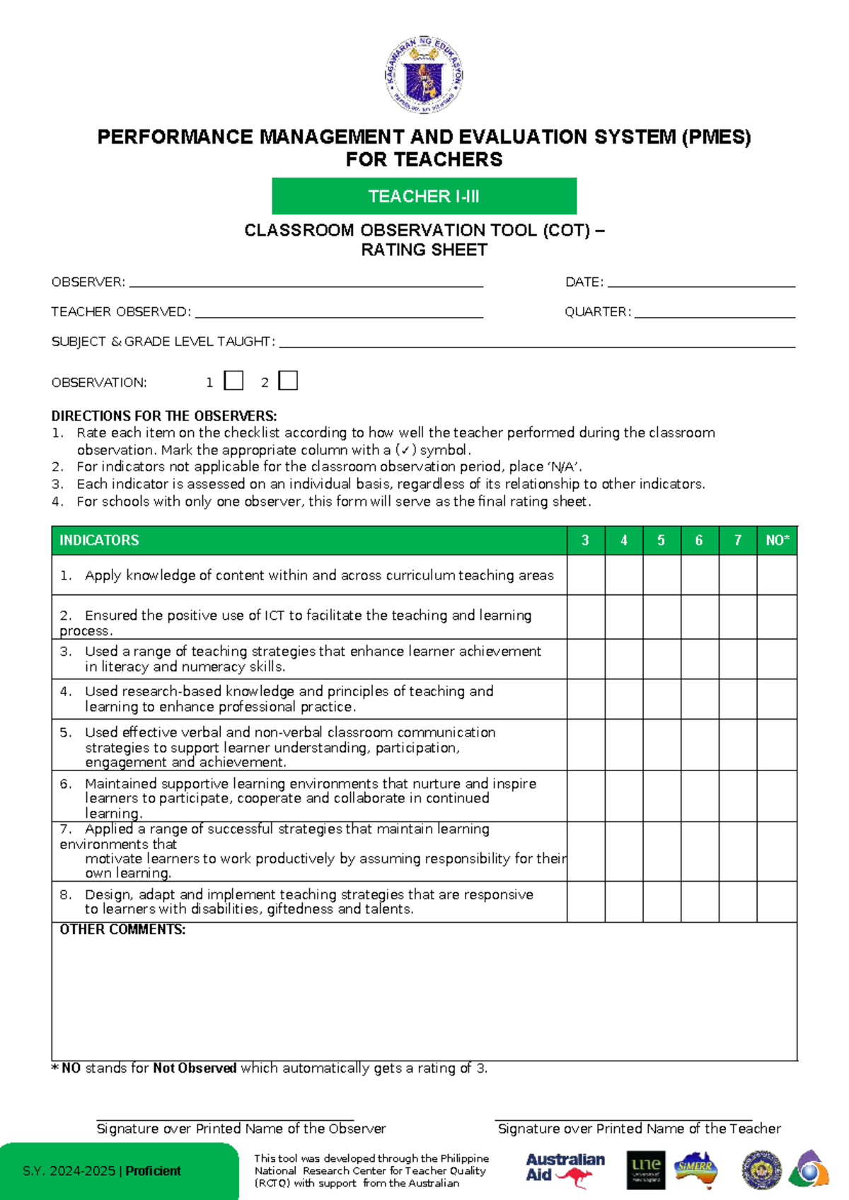 COT Rating Sheet for Proficient Teacher (SY 2024-2025) - Studocu