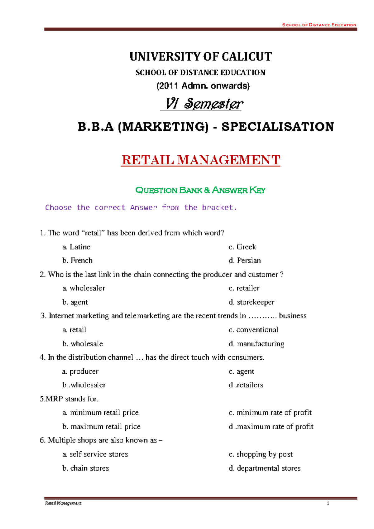 Retail Management BBA Question BANK - UNIVERSITY OF CALICUT SCHOOL OF ...