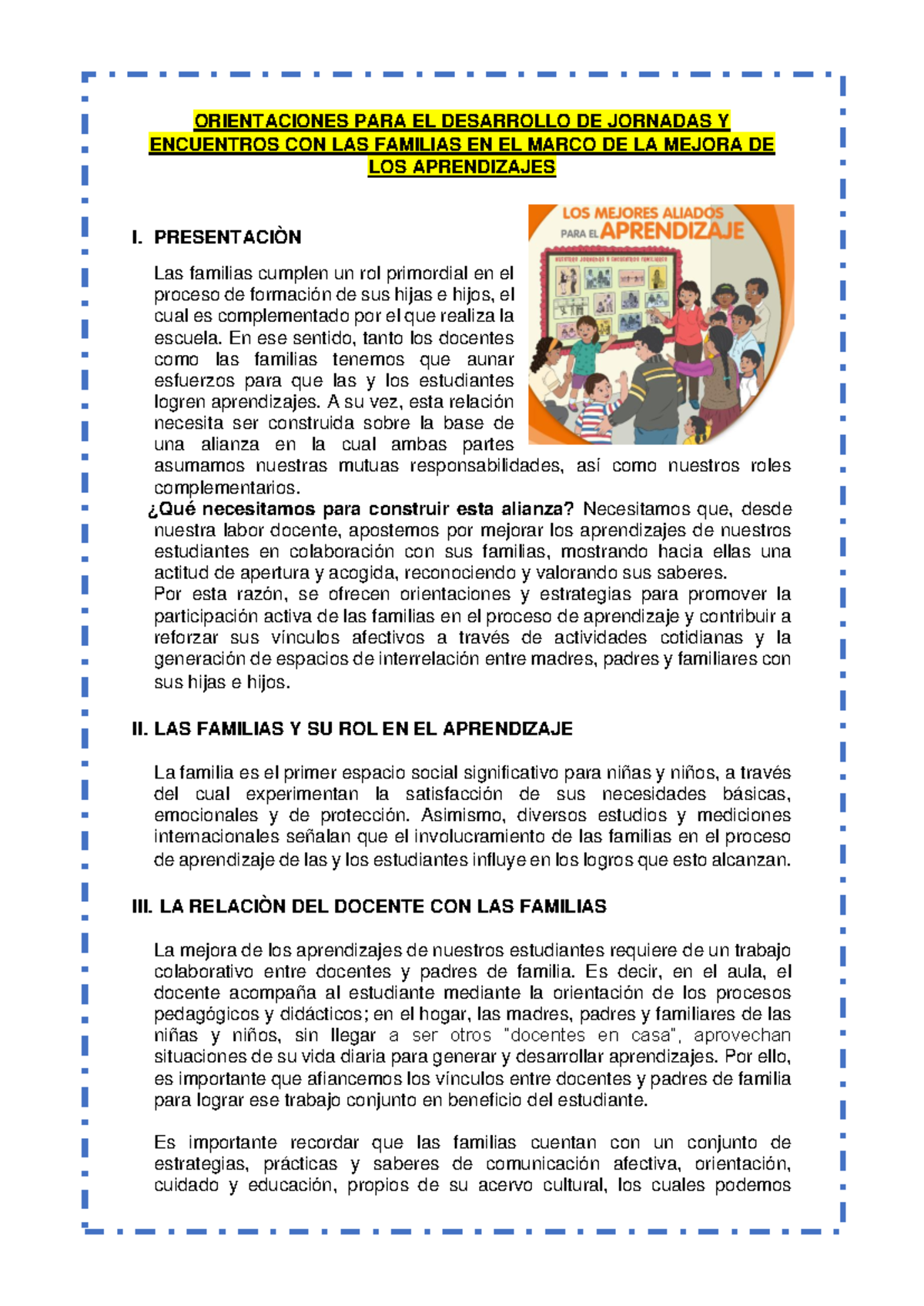 Orientaciones para Encuentros con PPFF en el Aprendizaje Familiar - Studocu