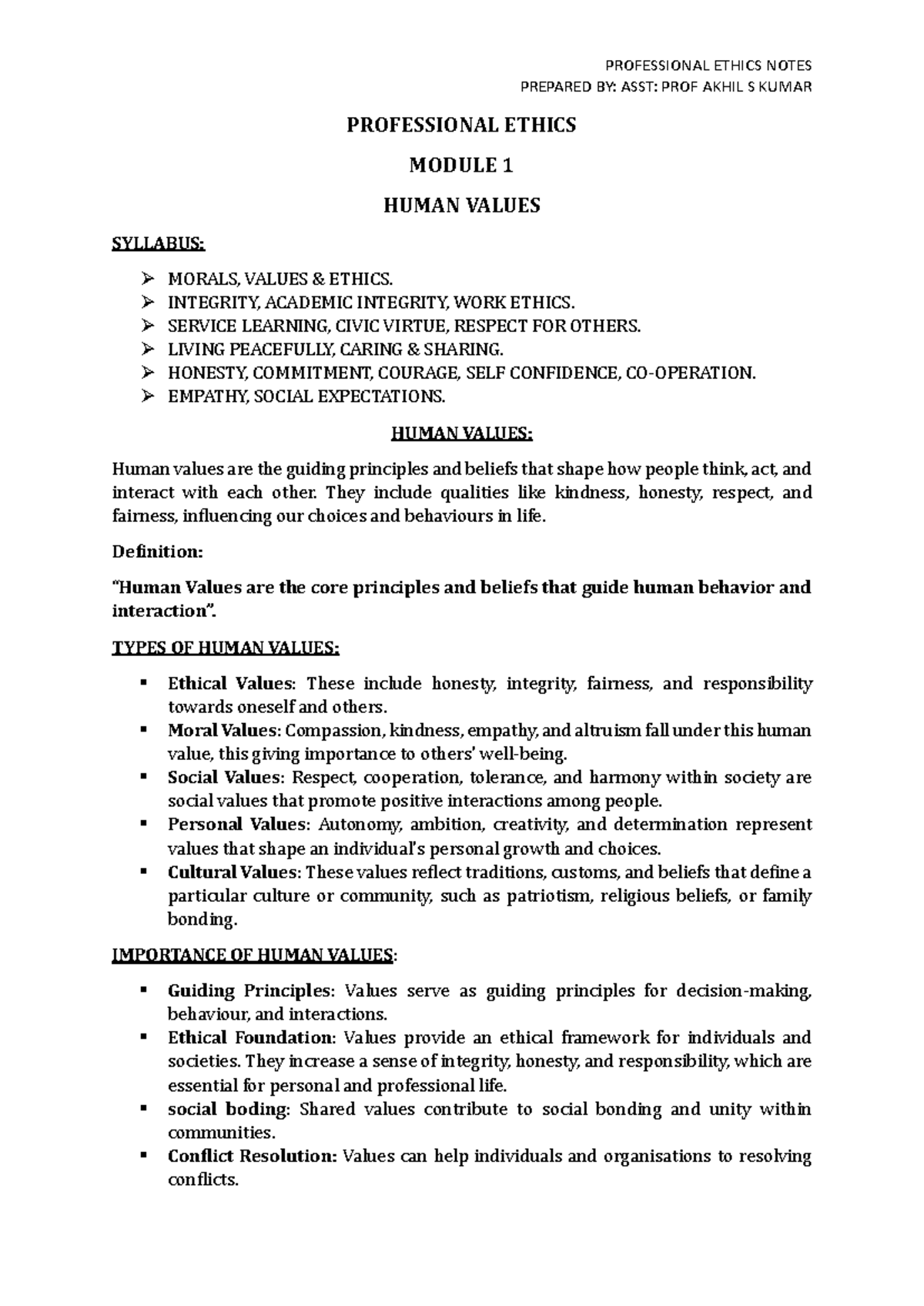 Professional Ethics Module 1 NEW - PREPARED BY: ASST: PROF AKHIL S ...