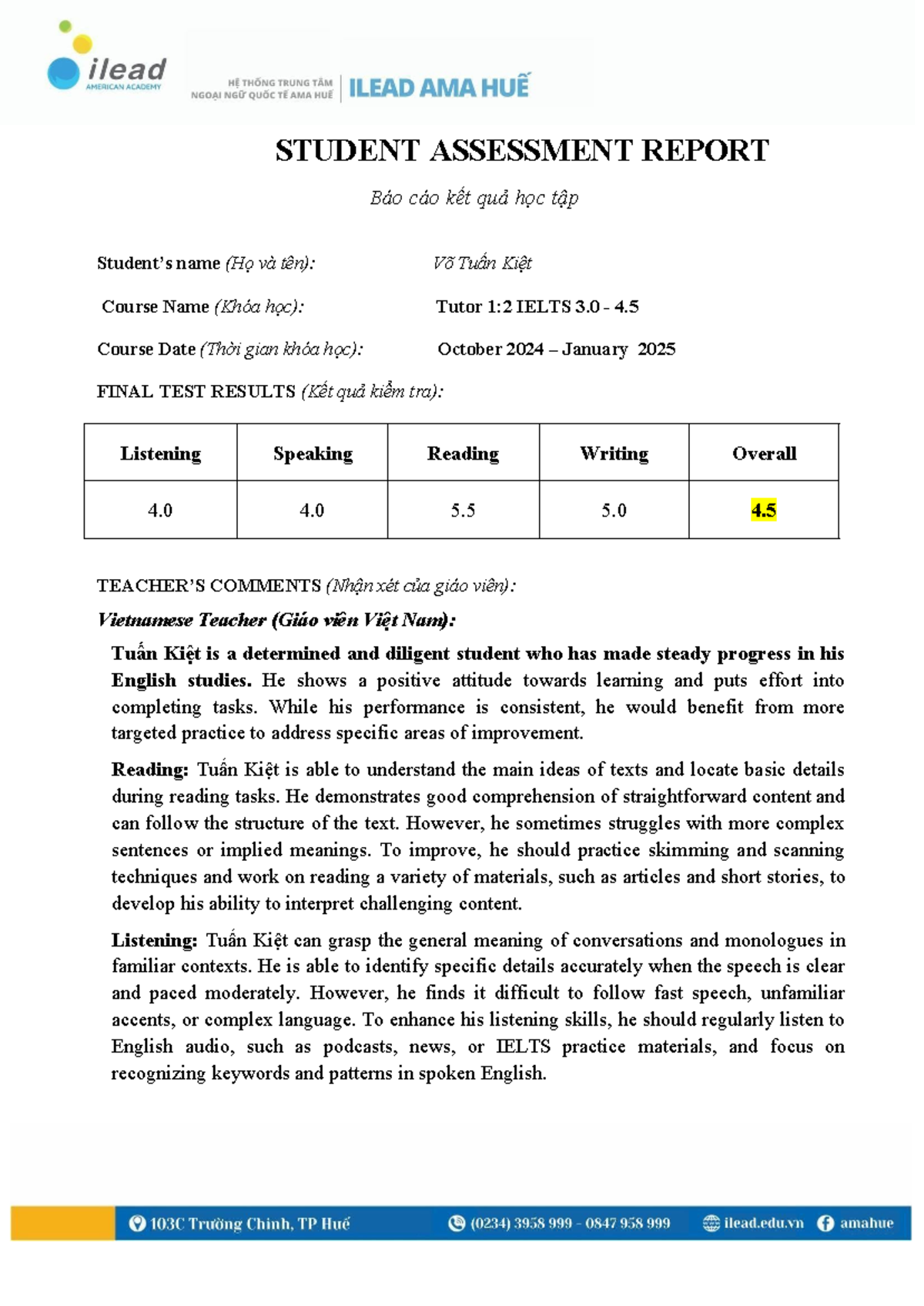 FINAL ASSESSMENT REPORT: Võ Tuấn Kiệt - IELTS 3.0-4.5 - Studocu