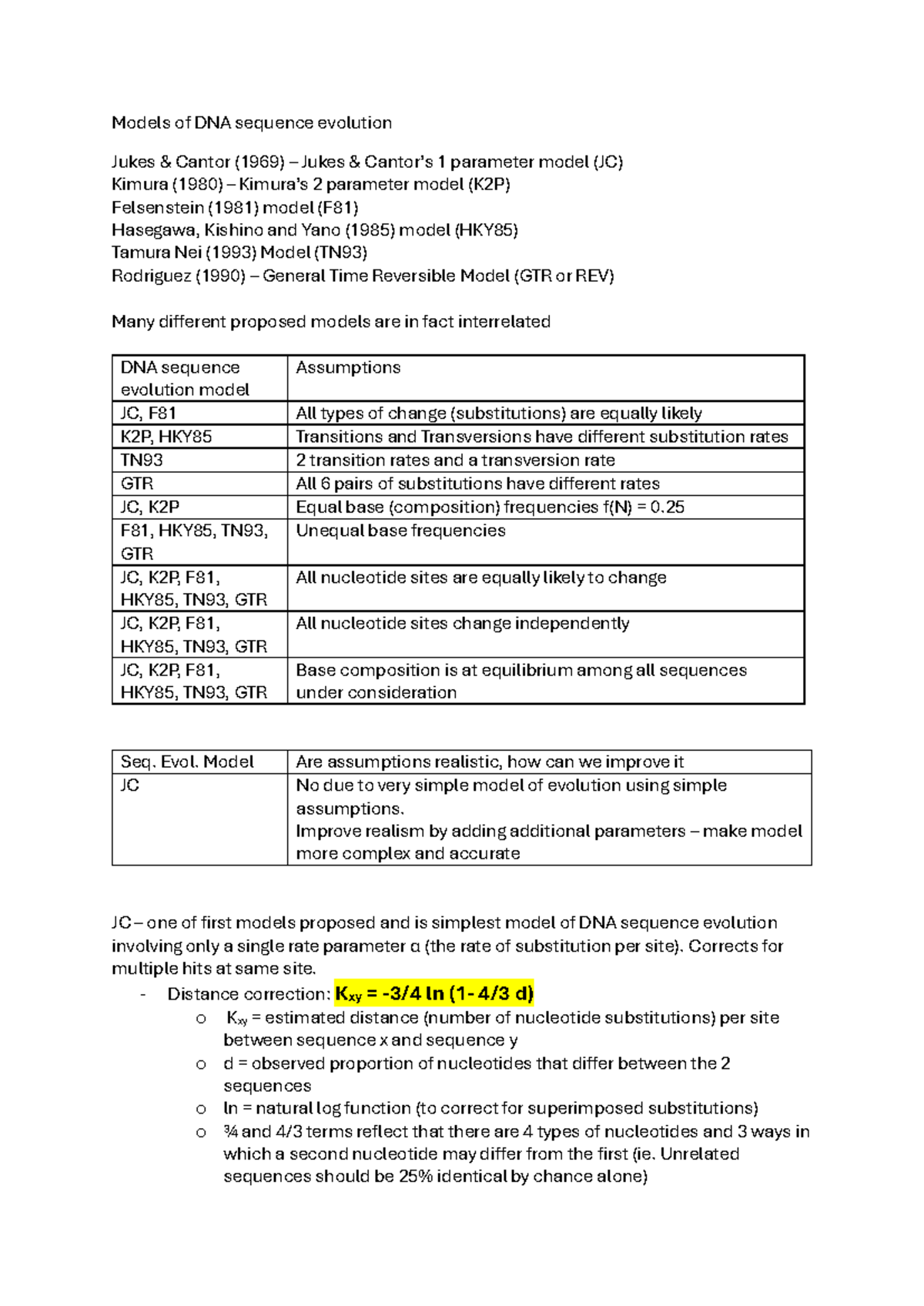 DNA Sequence Evolution Models: JC, K2P, F81, HKY85, TN93, and GTR - Studocu