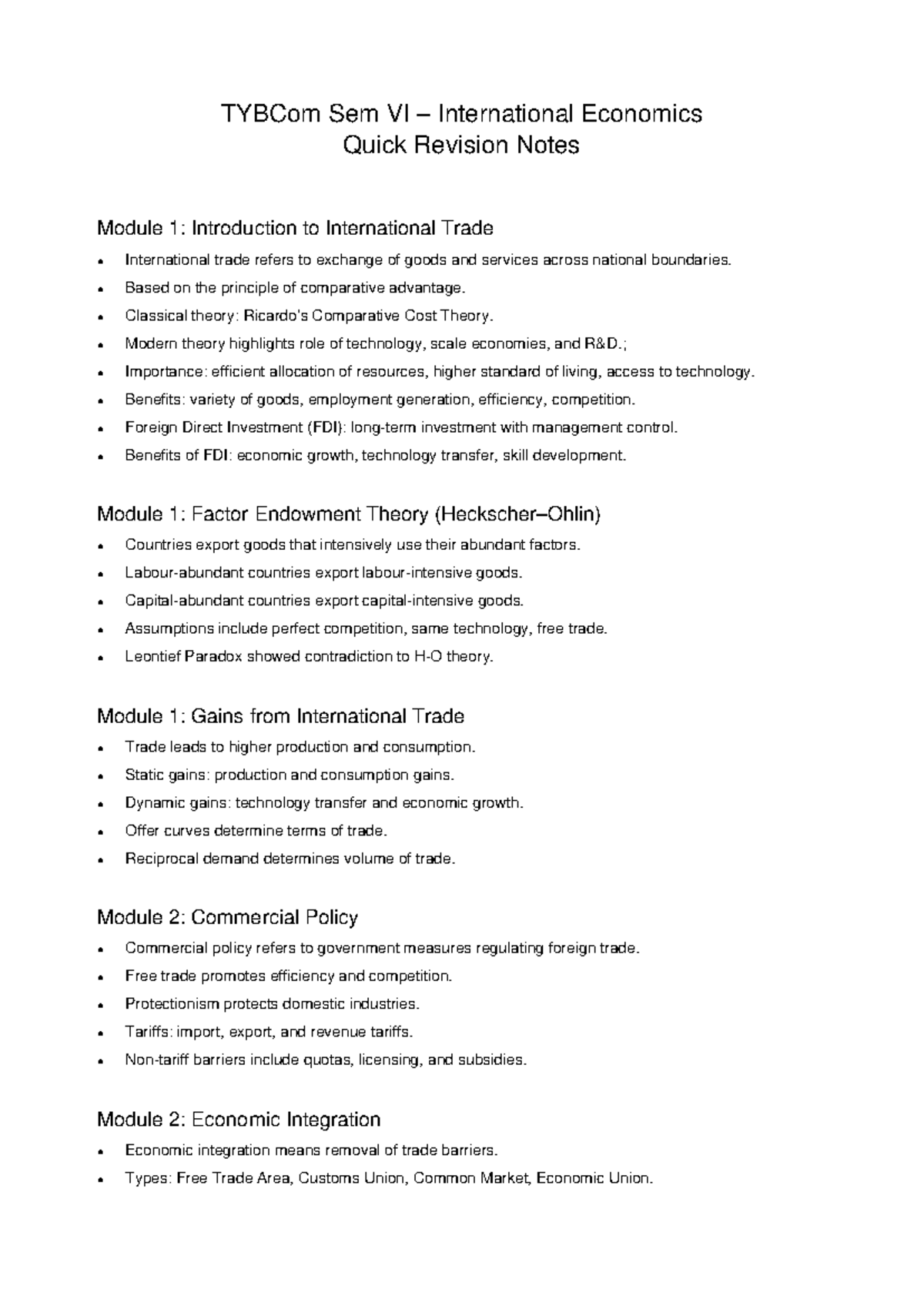 TYBCom Sem VI International Economics Quick Revision Notes - Studocu