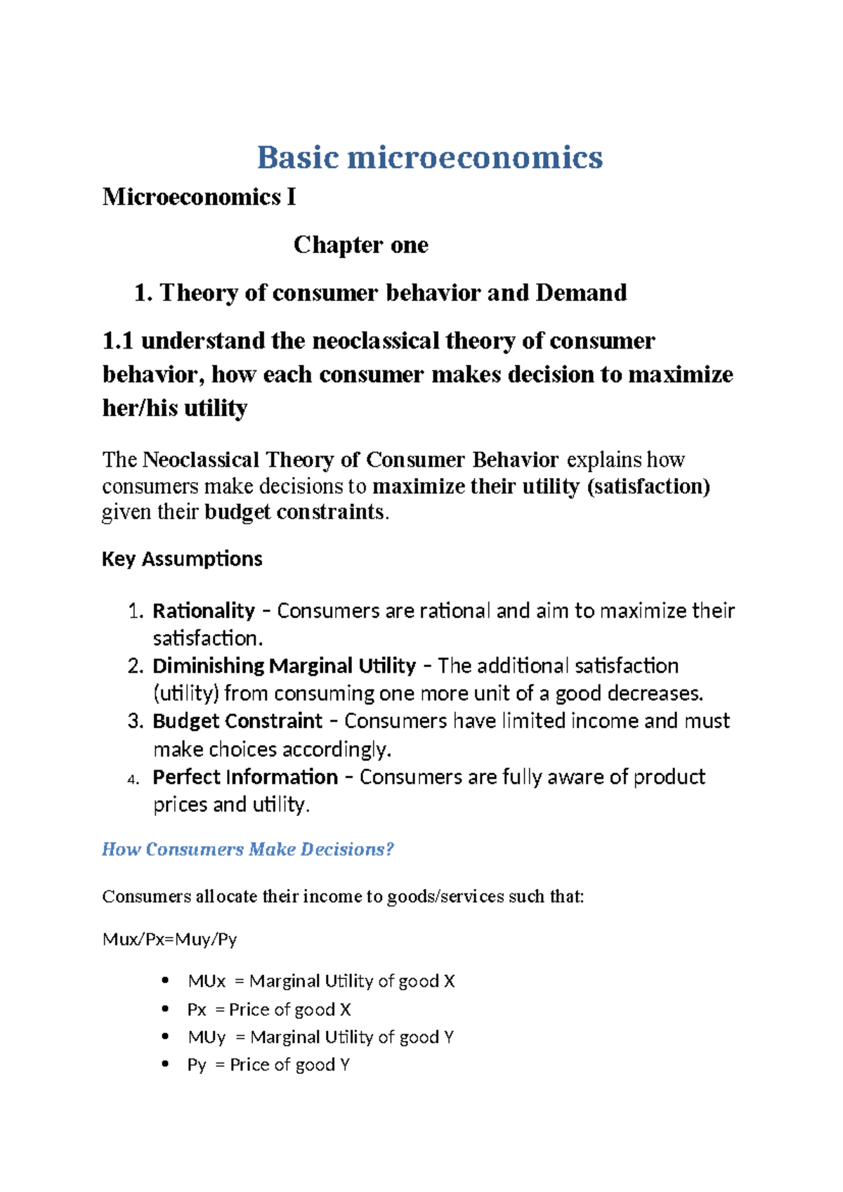Basic microeconomics - NOTE - Basic microeconomics Microeconomics I ...