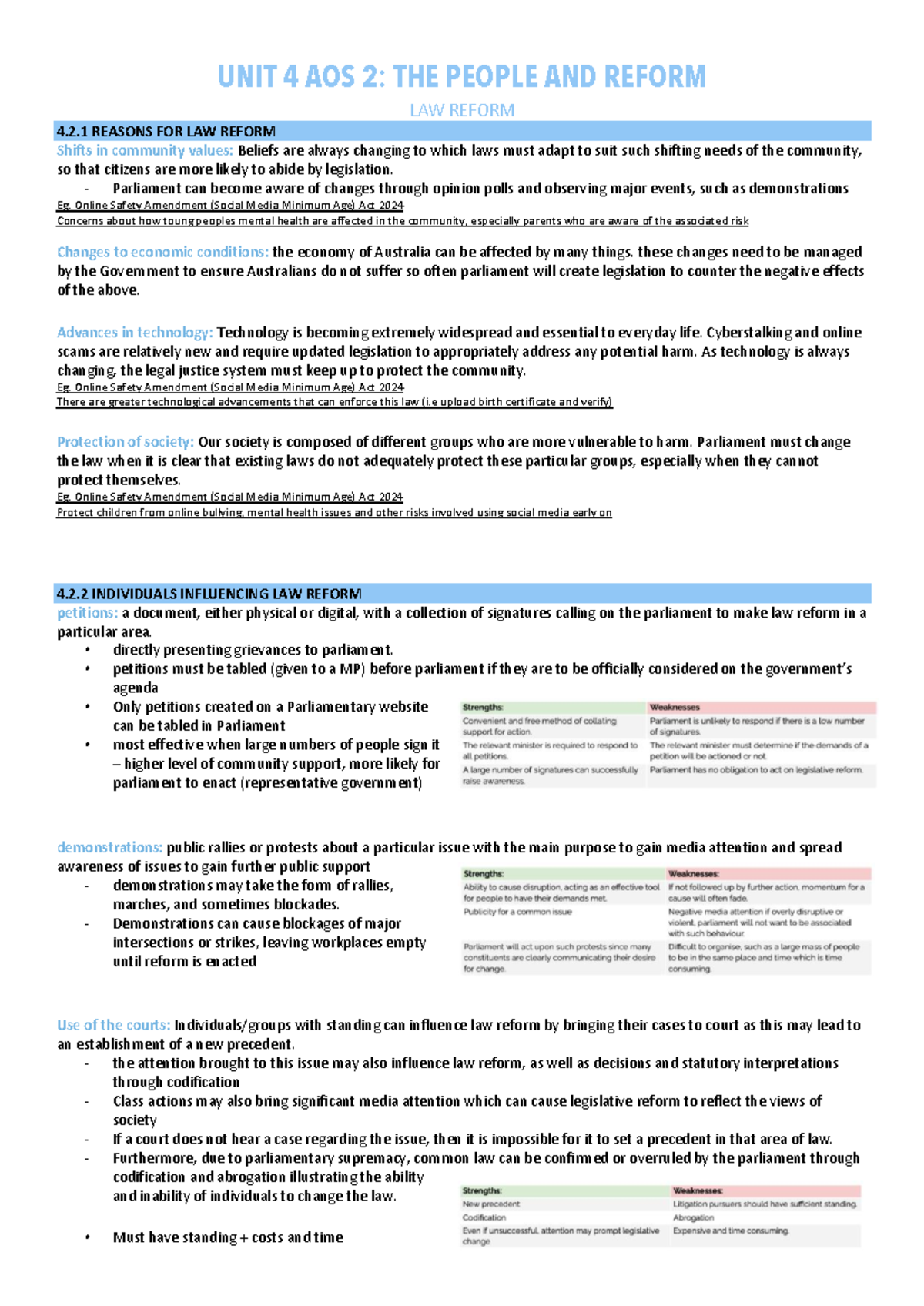 Unit 4 AOS 2: The People and Law Reform Summary Notes - Studocu