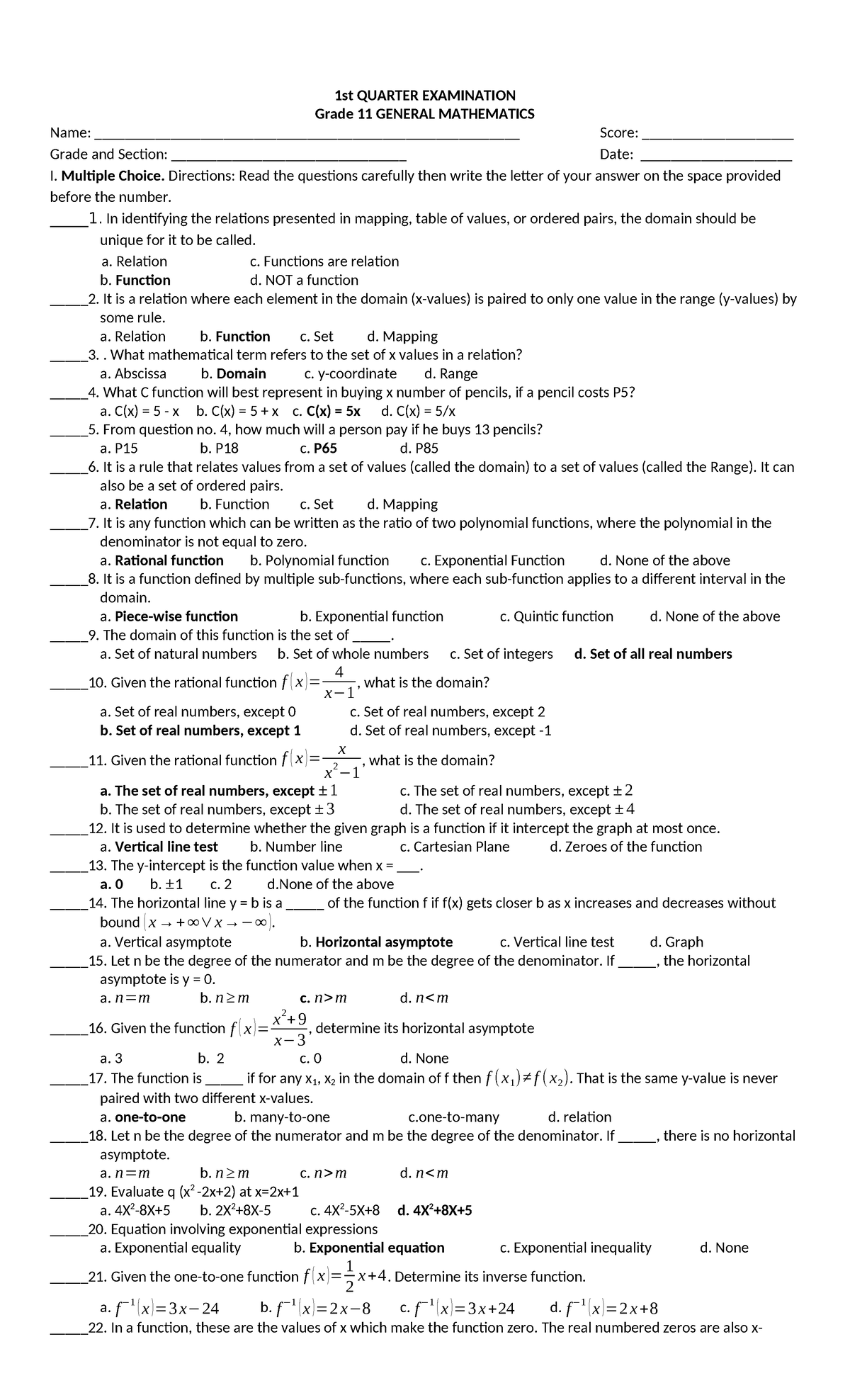 GEN.MATH 1ST Quarter Exam Review and Sample Questions - Studocu