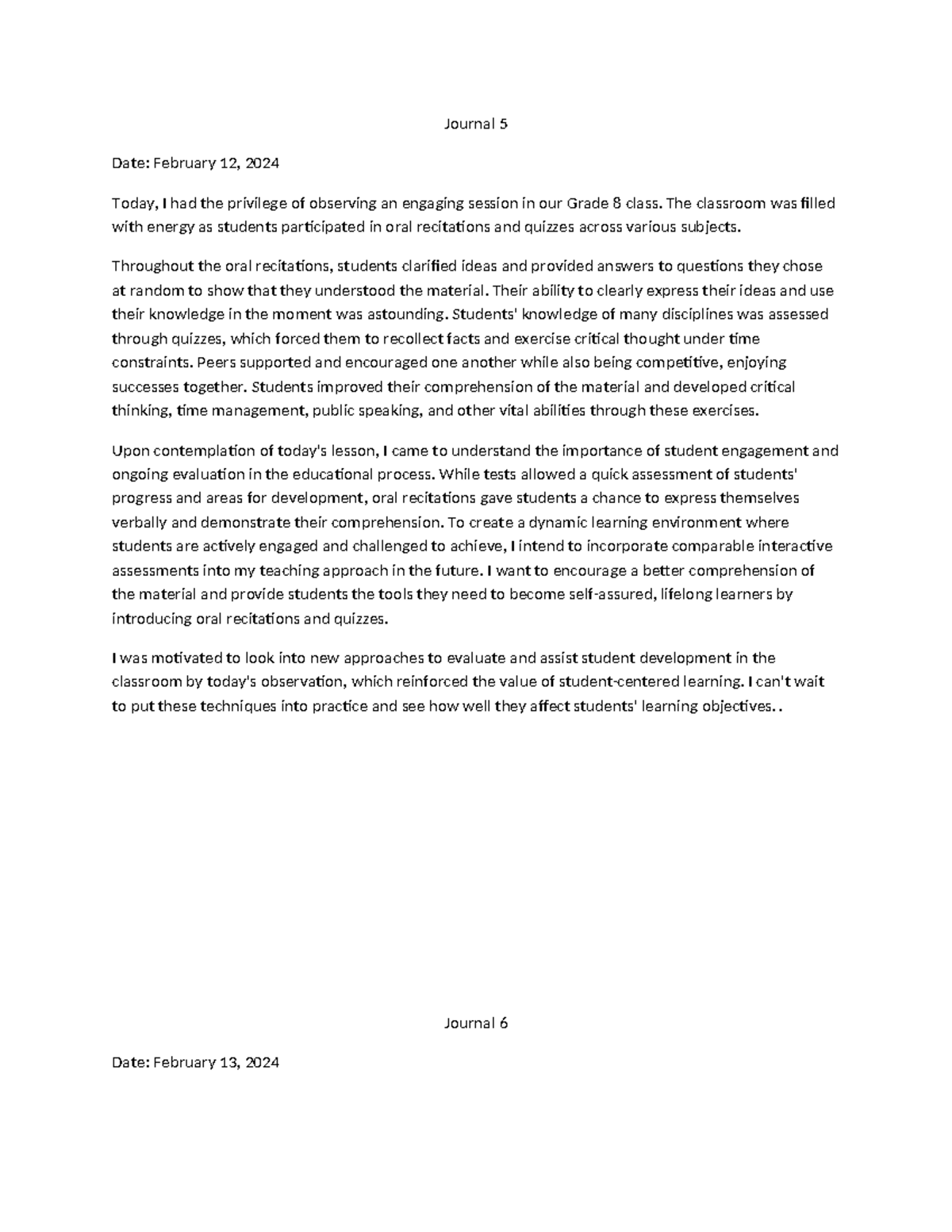 Grade 8 Journal Entries 5, 6, 7 - Observations and Reflections - Studocu