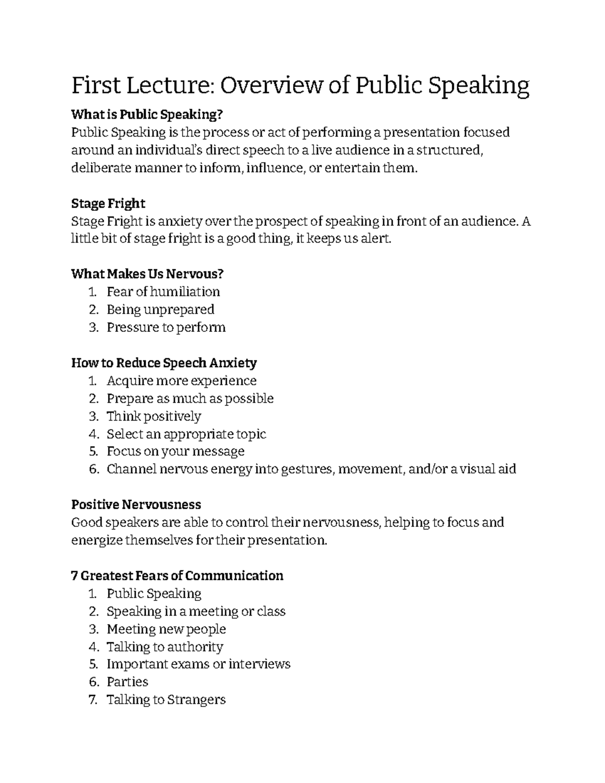 COMM 111 Public Speaking Lecture Notes - First Lecture: Overview of ...