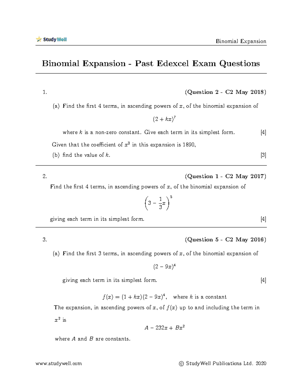 C2 Binomial Expansion Exam Questions - Past Edexcel Questions - Studocu