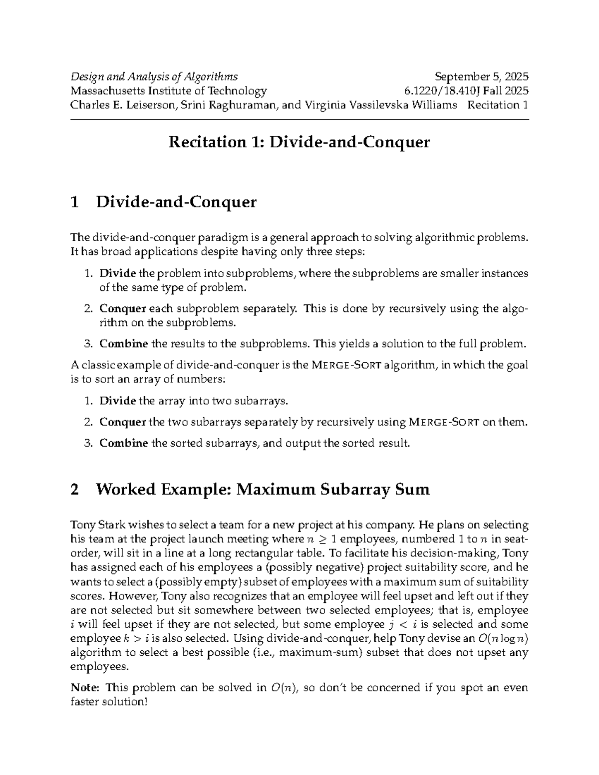 Rec1 - Recitation 1: Design & Analysis of Algorithms (Fall 2025) - Studocu