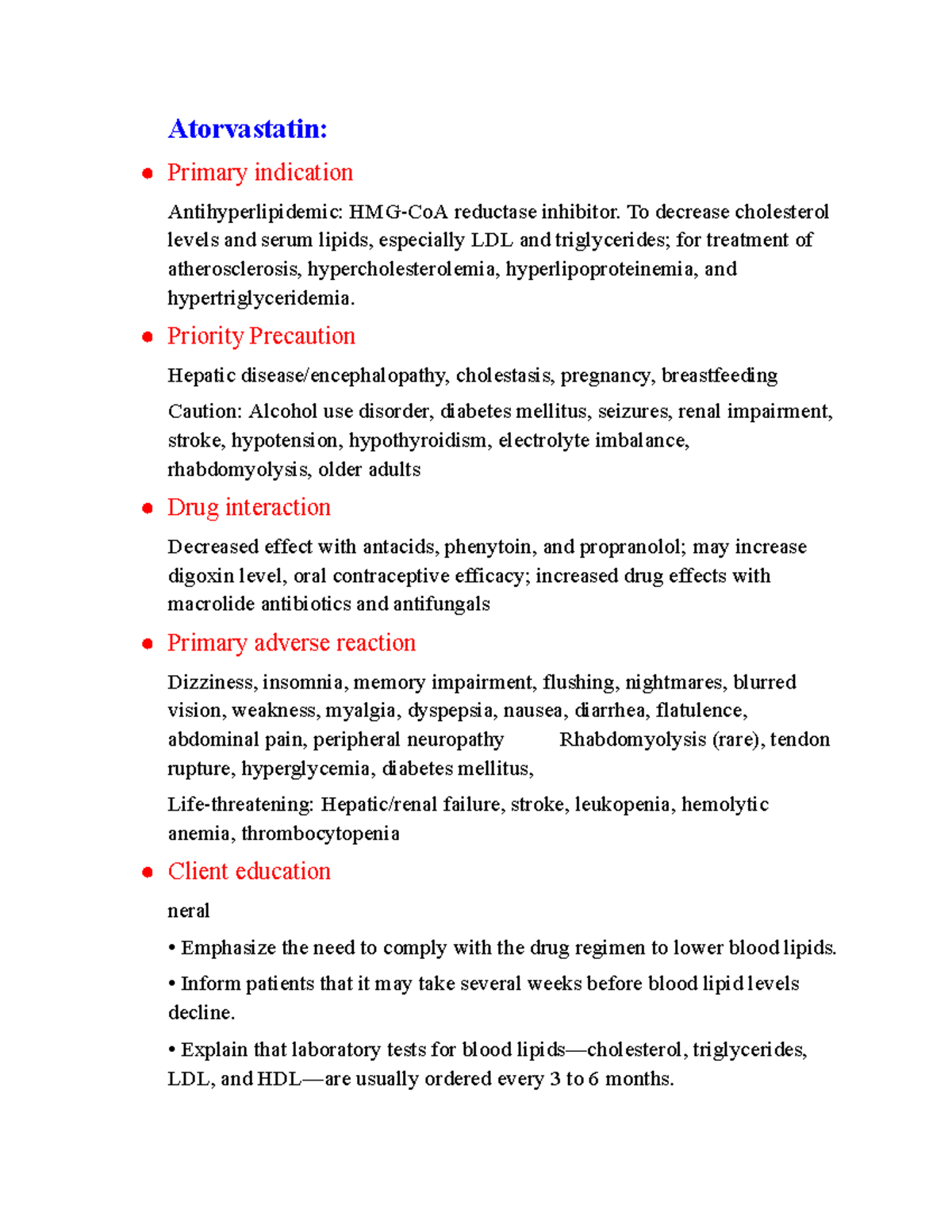 Med card 7 - information of medications - Atorvastatin: Primary ...