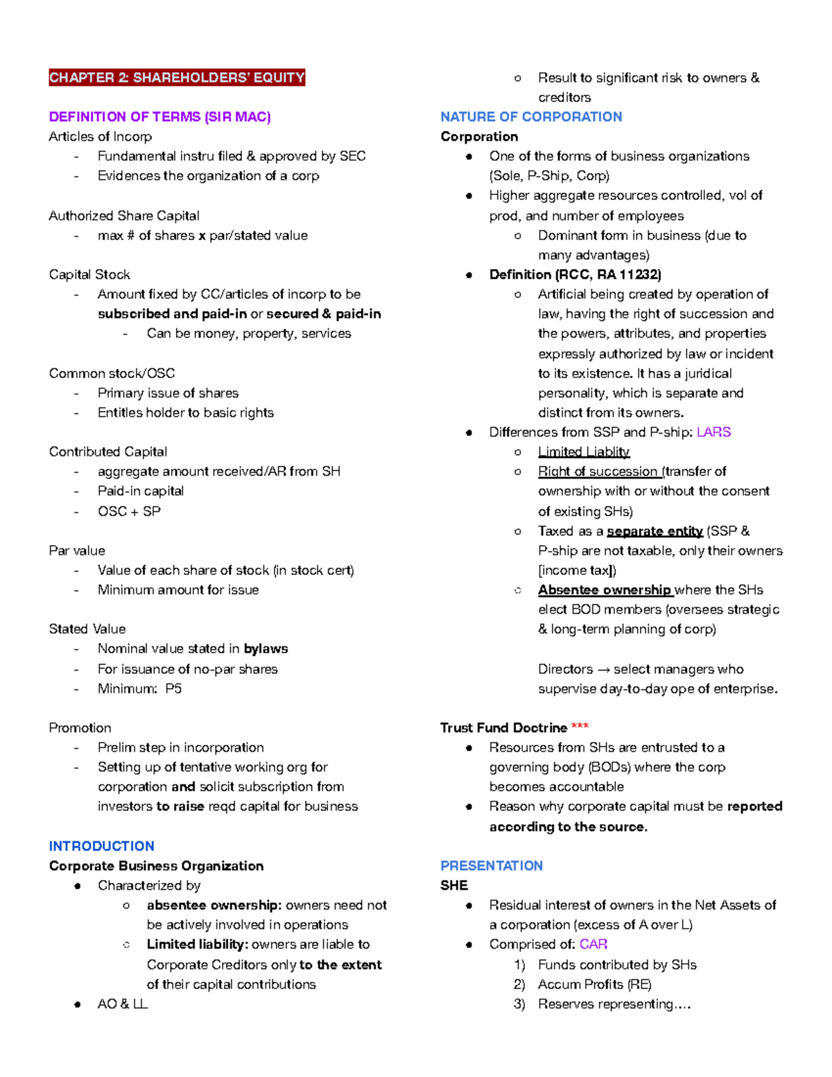 Intacc 4 Reviewer: Chapter 2 - Equity Definitions and Concepts - Studocu