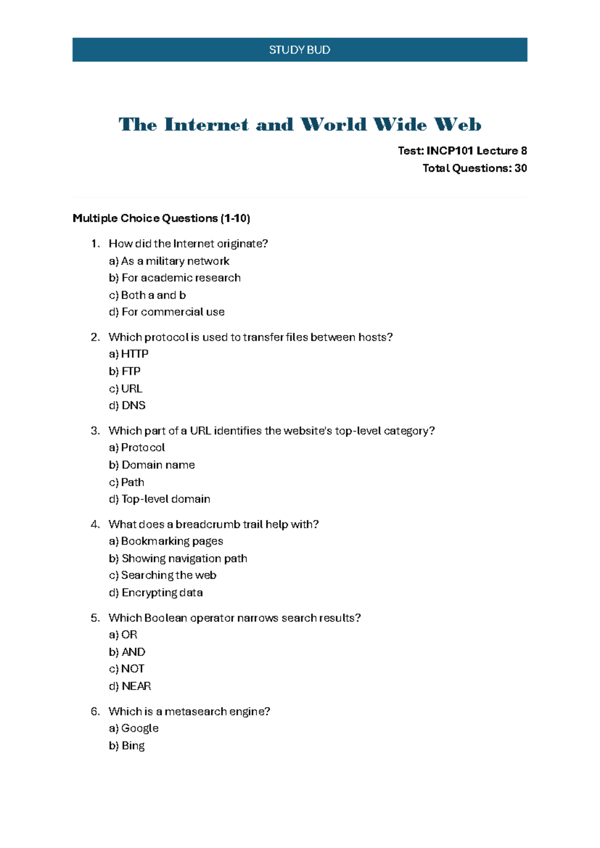 INCP101 The Internet and World Wide Web Test: Lecture 8 Review - Document Preview
