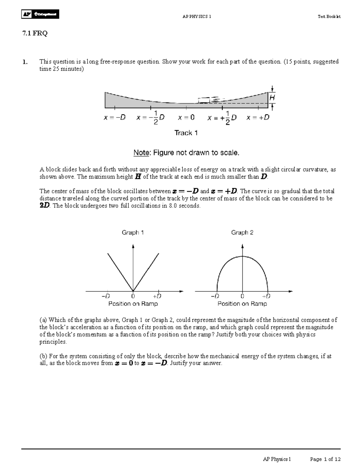 AP PHYSICS 1 Test Booklet 7.1 Free Response Questions - Studocu