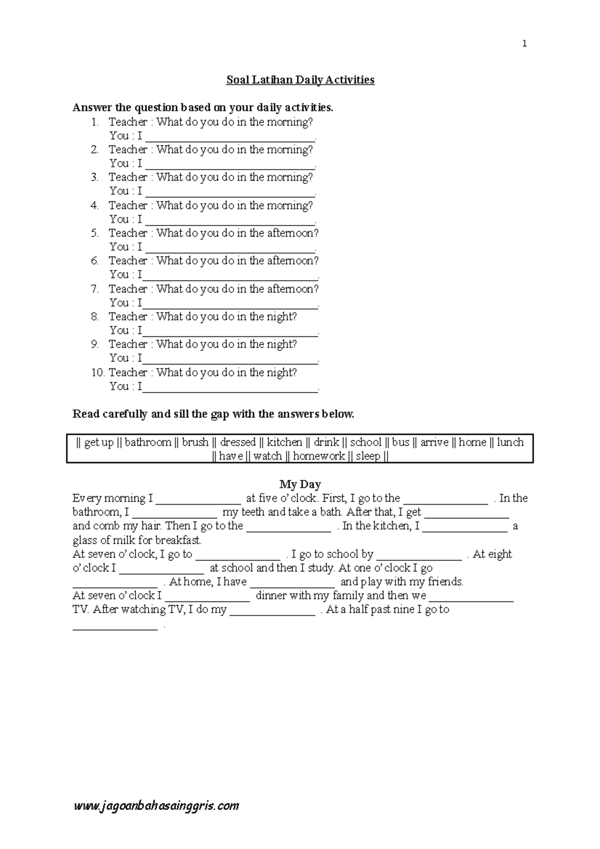 Soal Latihan: Daily Activities Exercise for Practice - Studocu