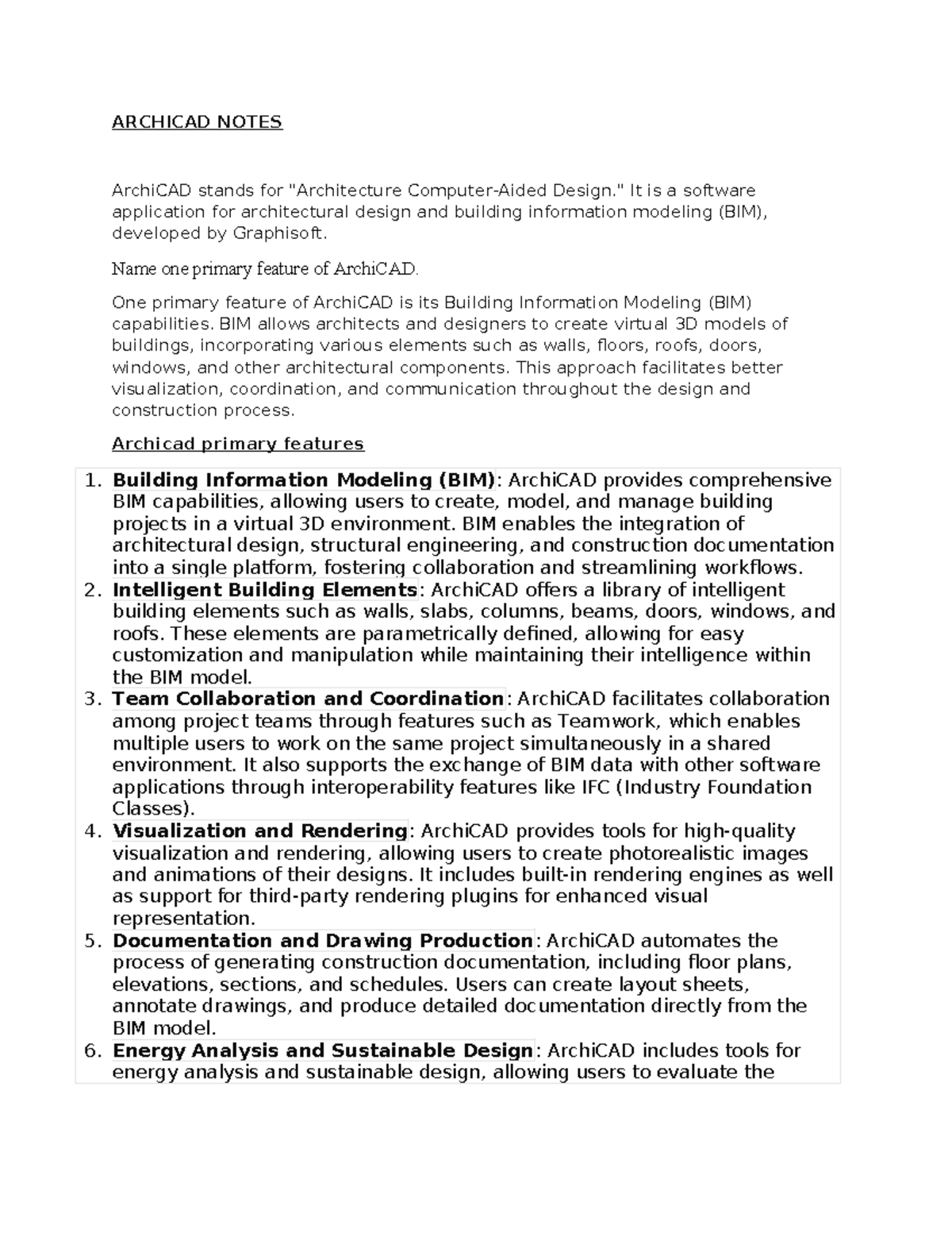 ARCH 101: ArchiCAD Final Exam Notes on BIM Features and Benefits - Studocu