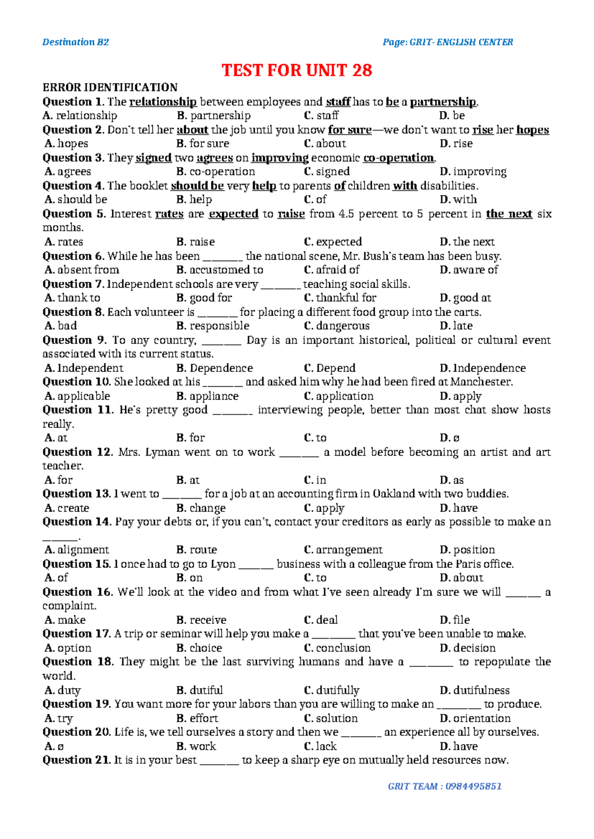 Destination B2 - Test for Unit 28: Error Identification - Studocu