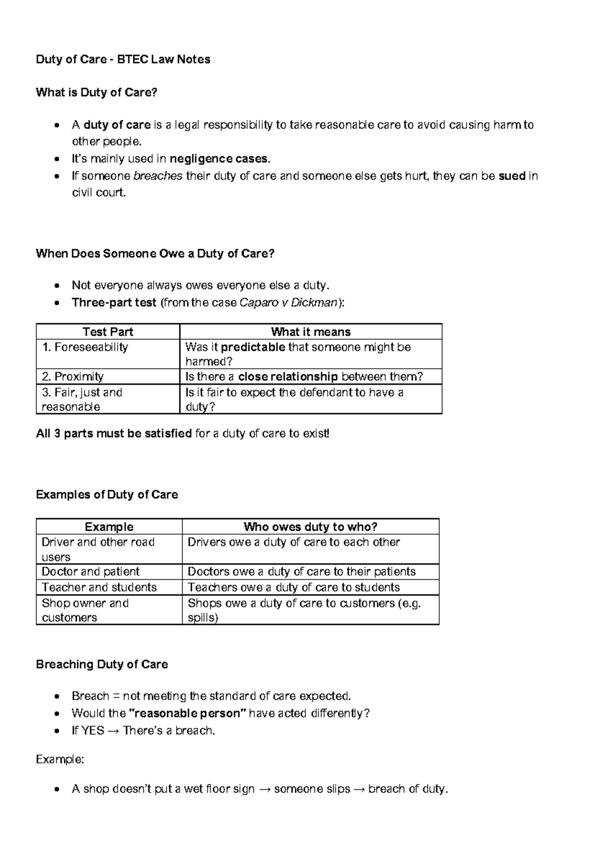 BTEC Law Notes: Understanding Duty of Care and Negligence Principles ...
