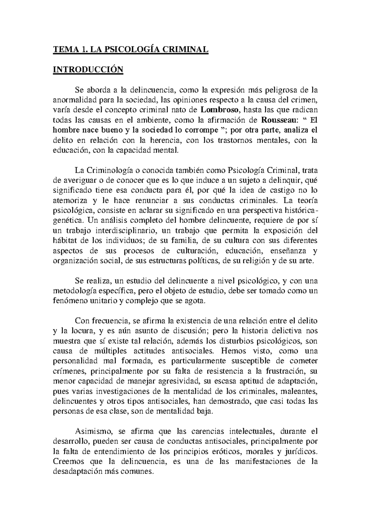 TEM 1 - Apuntes 1 - TEMA 1. LA PSICOLOGÍA CRIMINAL INTRODUCCIÓN Se ...