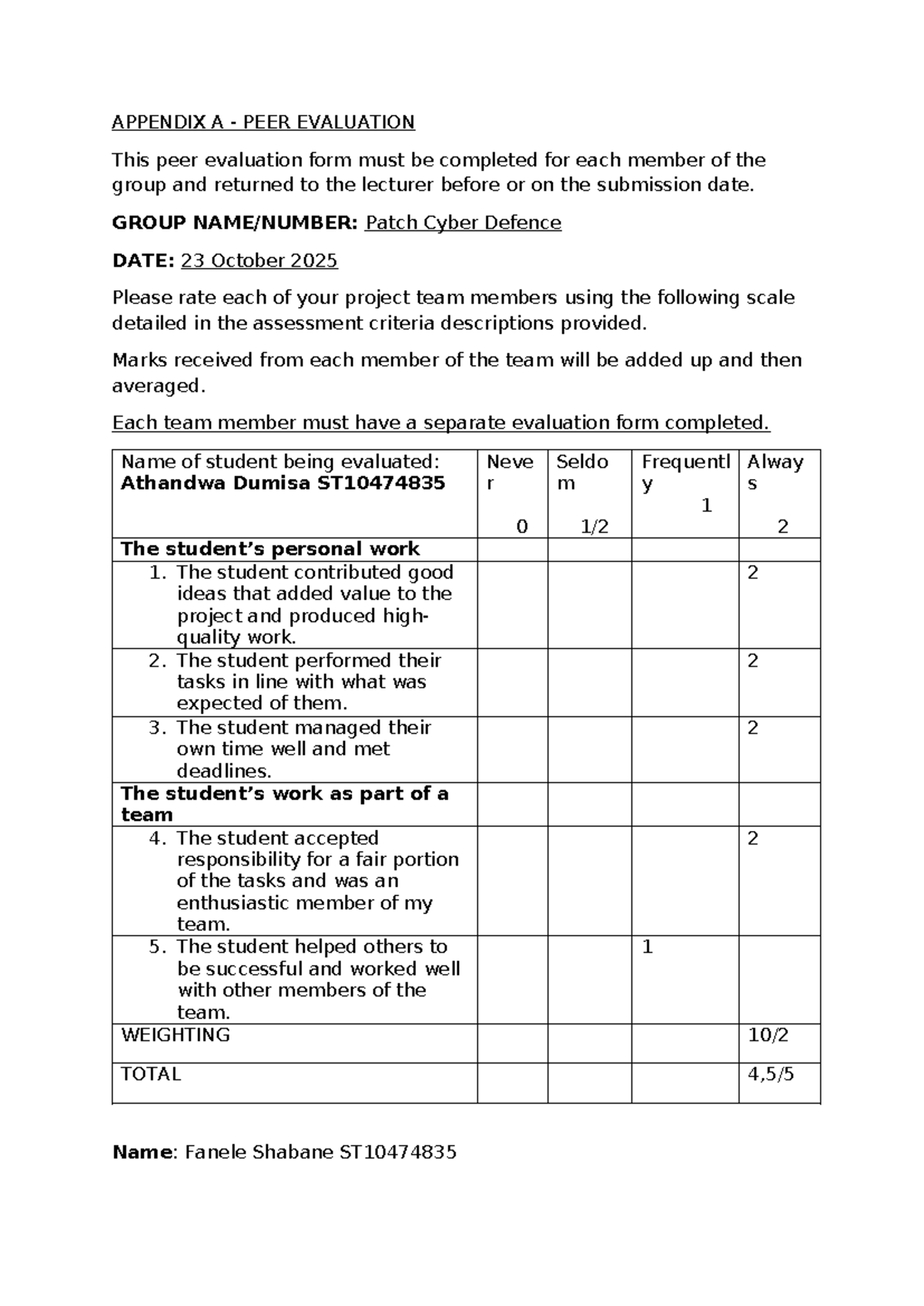 Appendix A - Peer Evaluation for Group Project ST10474835 - Studocu