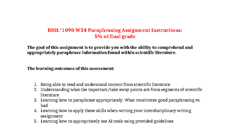 BIOL1090 W24 Paraphrasing Assignment Guidelines for Final Grade - Studocu