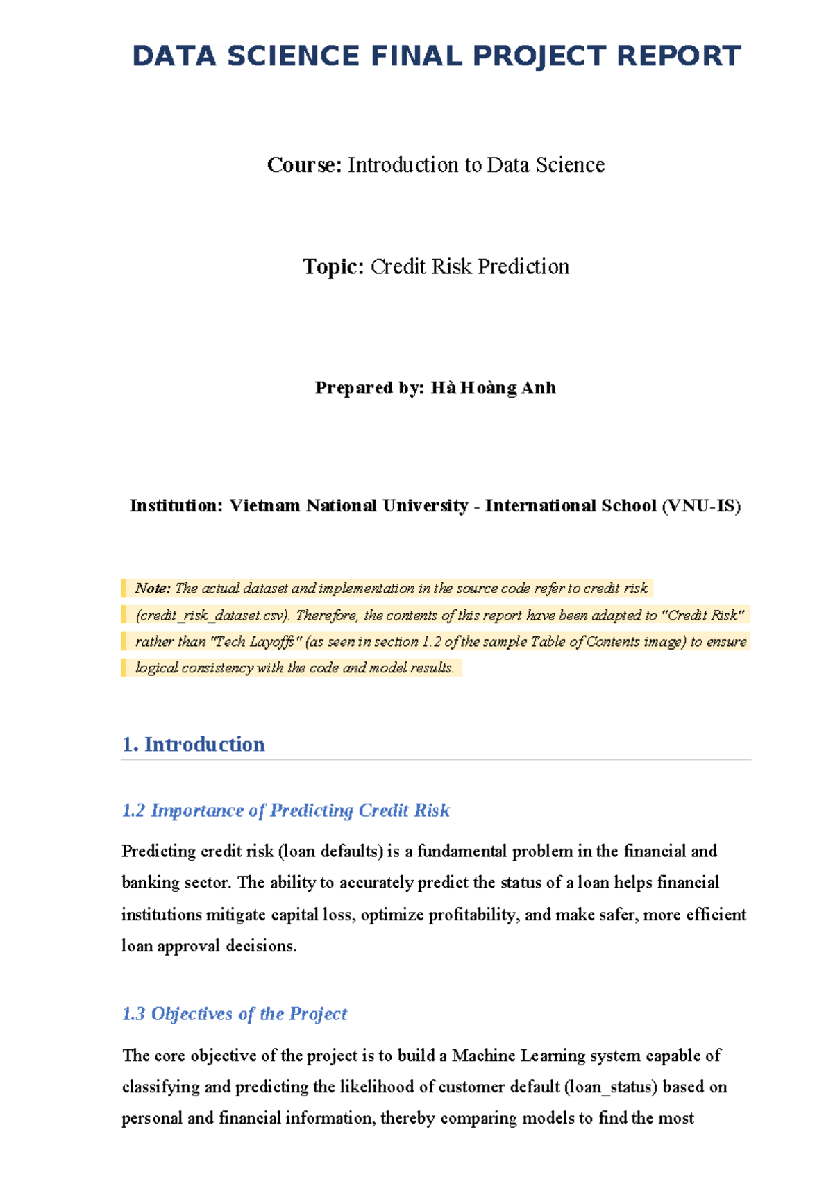 DATA SCIENCE FINAL PROJECT REPORT: Credit Risk Prediction (DS101) - Studocu