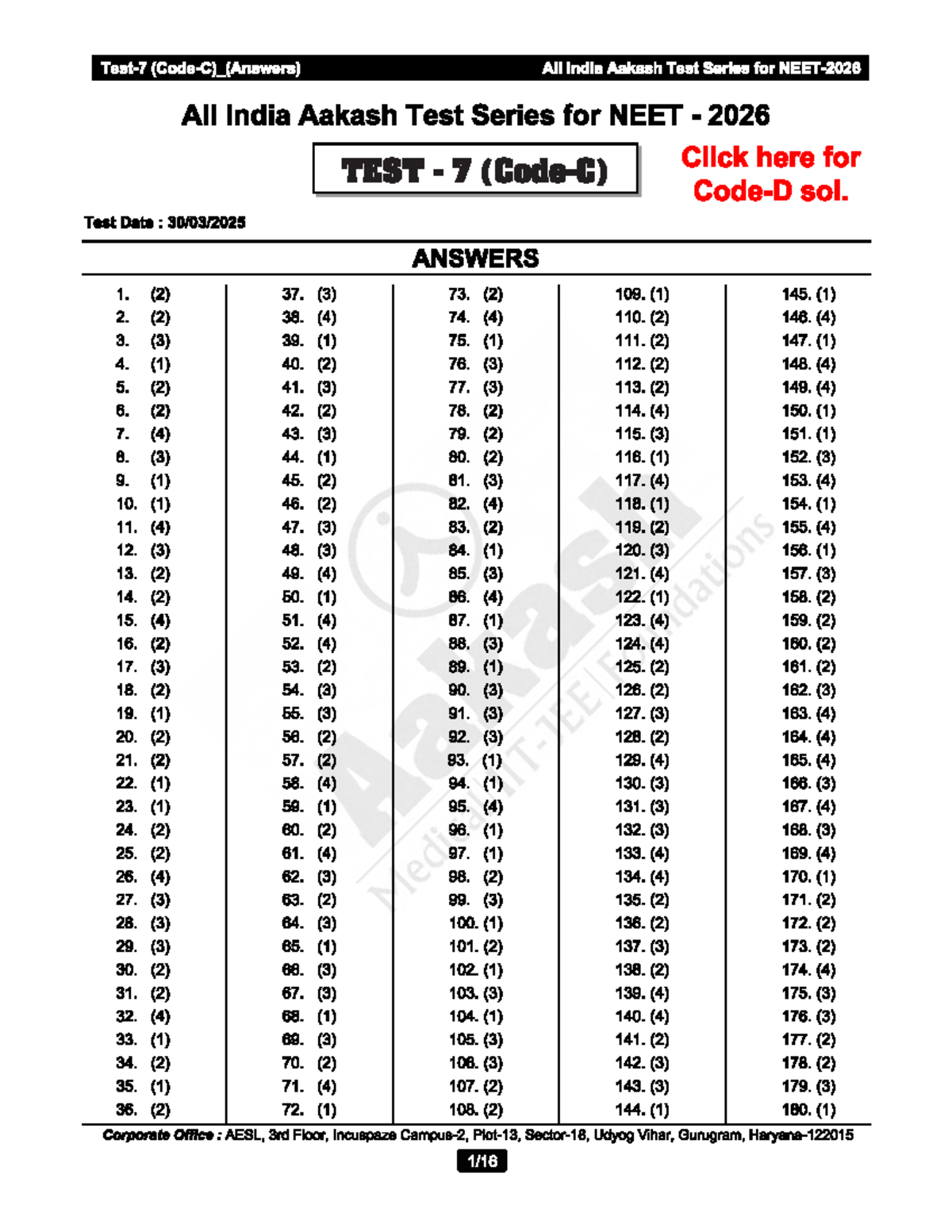 All India Aakash Test Series for NEET 2026: Test 07 Code C&D Solutions ...