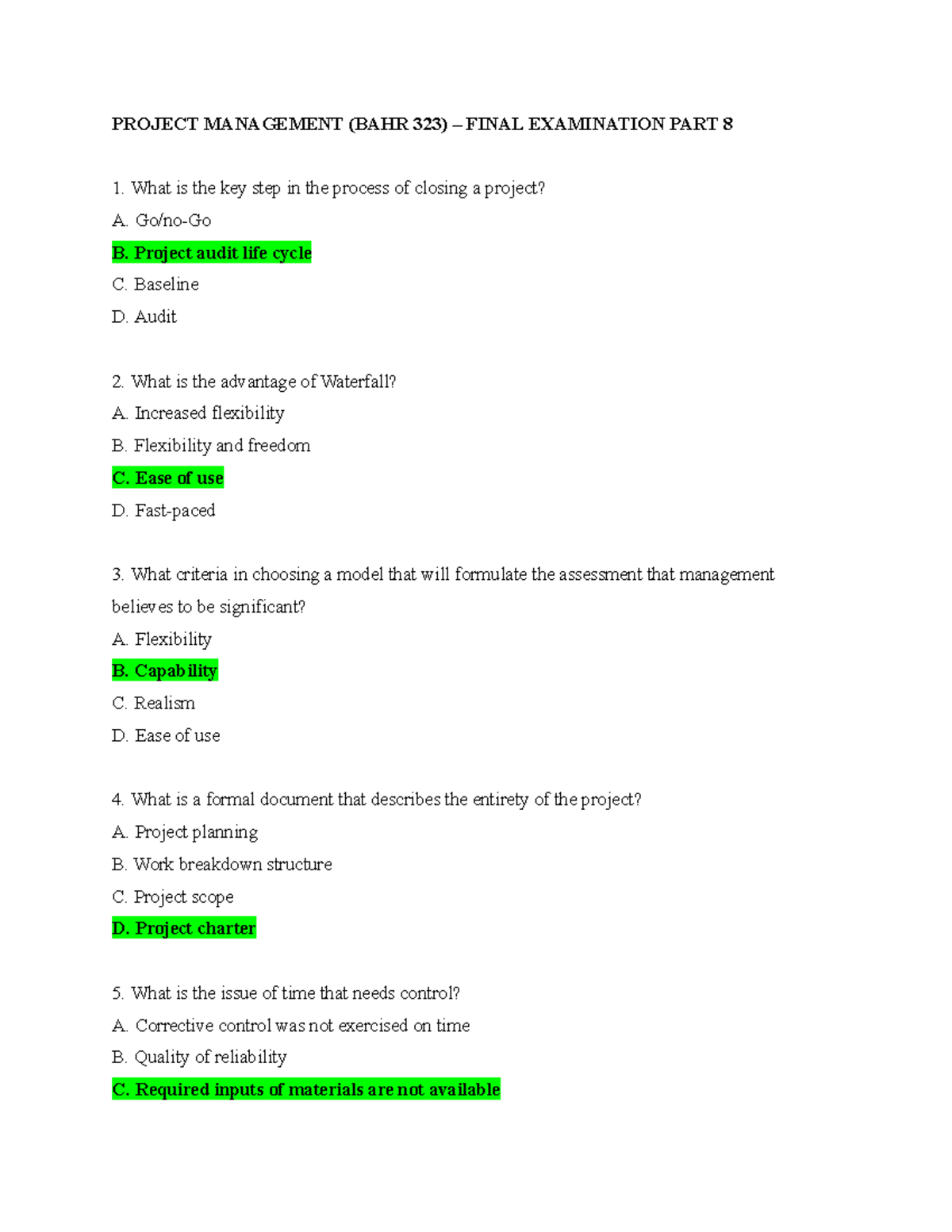 Project Management (BAHR 323) – Final Examination PART 8 - PROJECT ...
