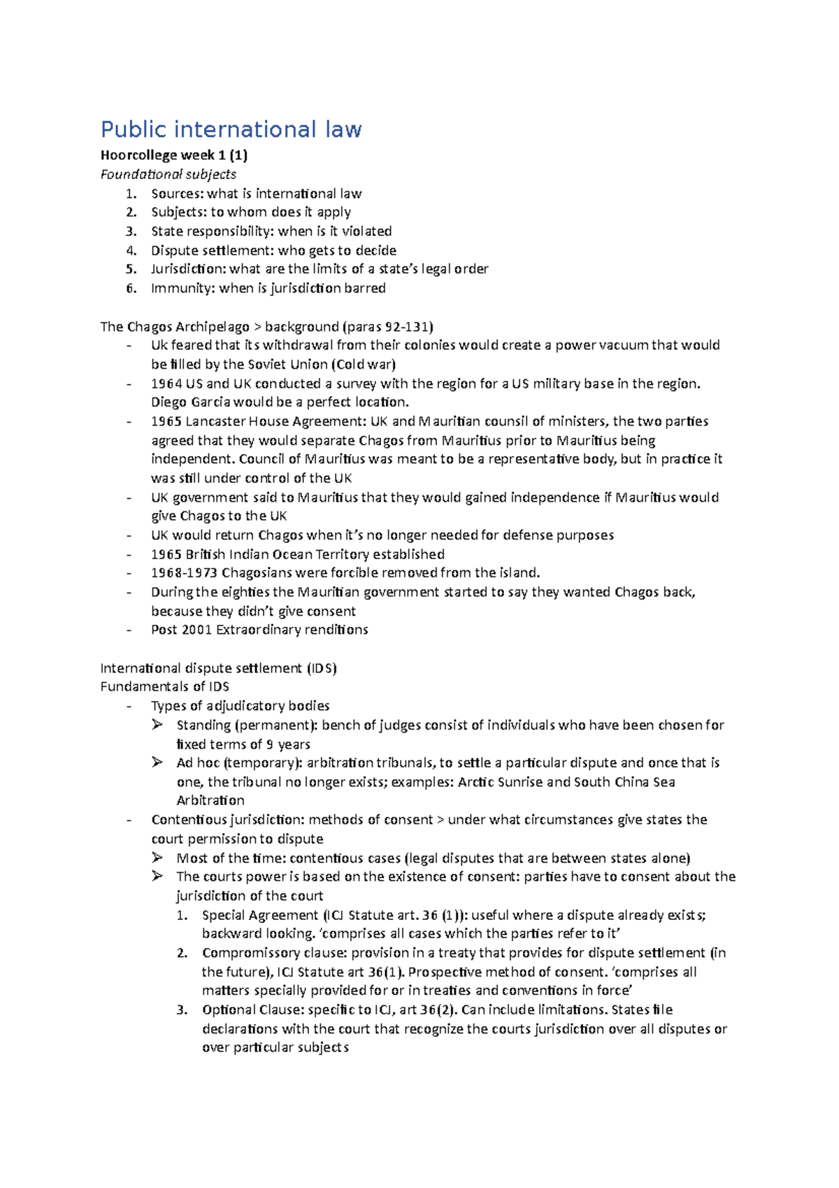 Public International Law Lecture Notes - Week 1 Overview - Studeersnel