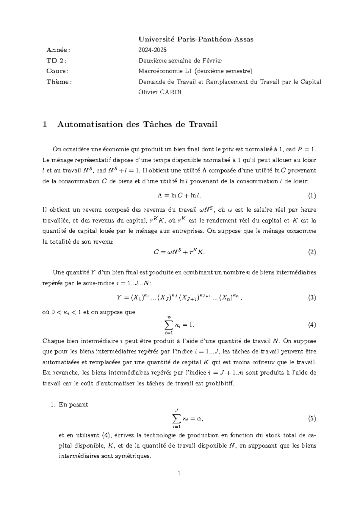 TD 2 : Semaine de Cours L1 - Demande de Travail et Capital - Studocu