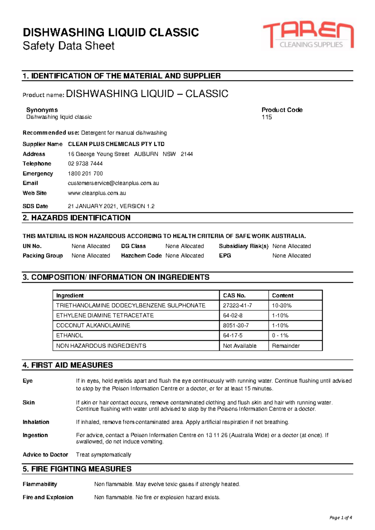 DISHWASHING LIQUID CLASSIC SDS - Product Code 115 Overview - Studocu