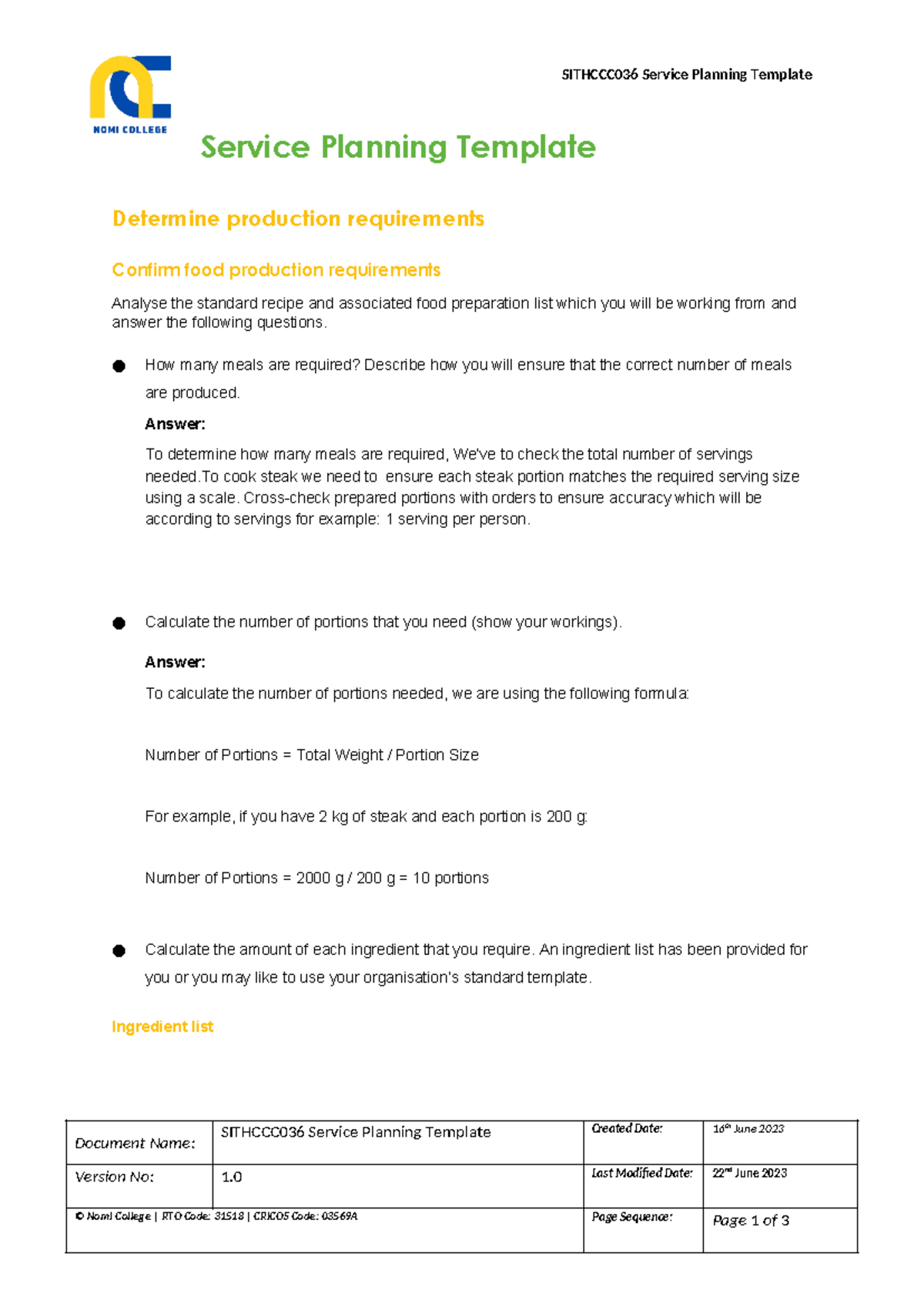 SITHCCC036 Service Planning Template: Meal Prep & Cookery Methods Guide ...