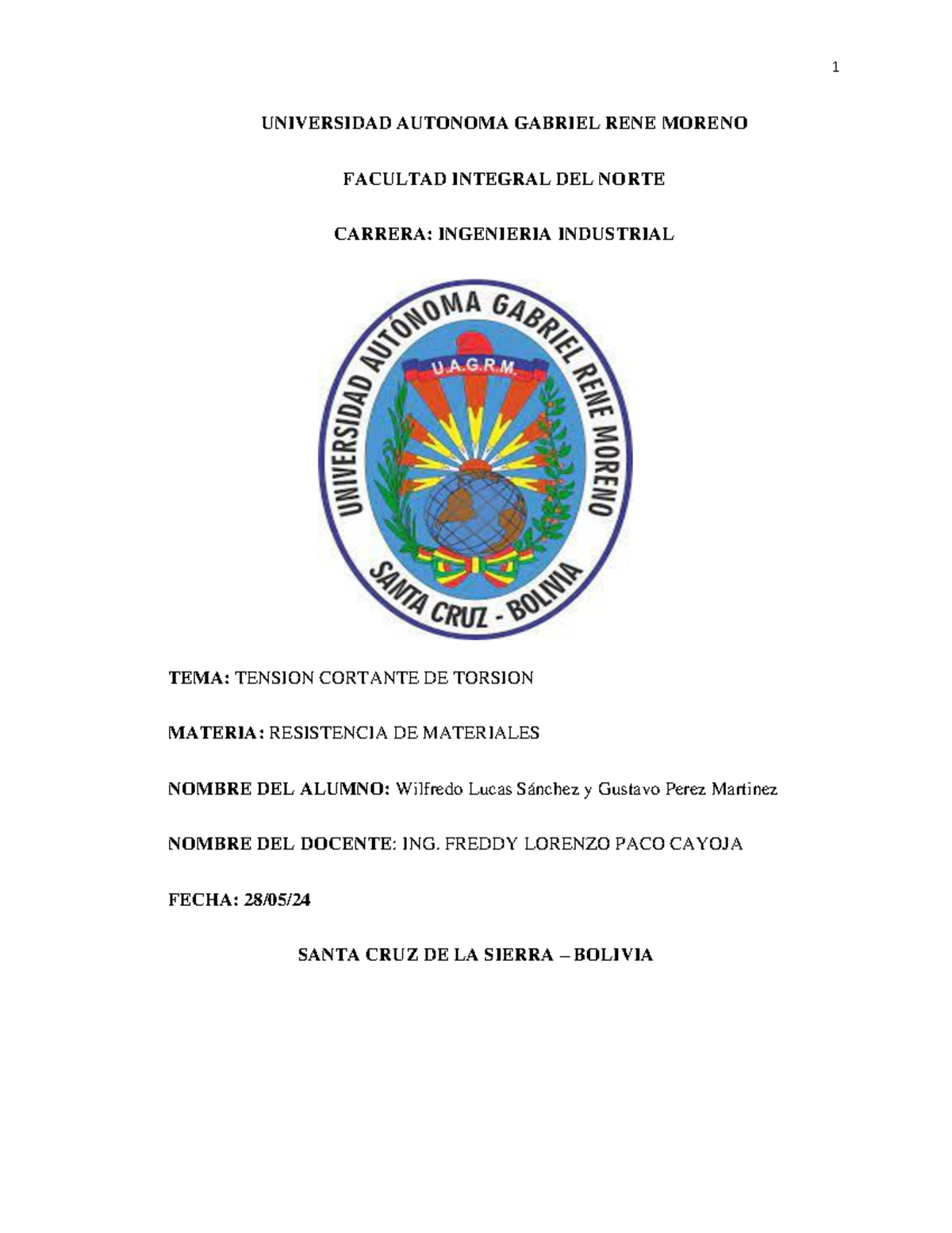 Tension cortante - Informe de practico común - UNIVERSIDAD AUTONOMA ...
