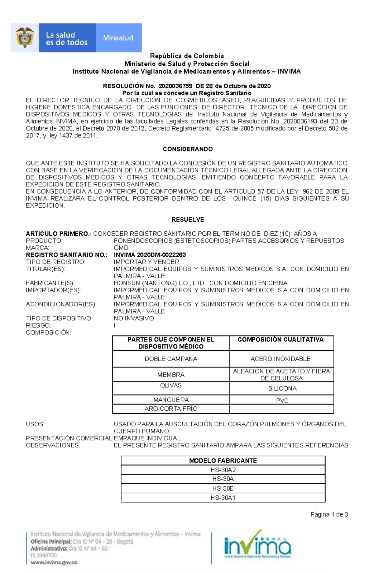 Registro Sanitario INVIMA 2020DM-0022263 - Fonendoscopios GMD - Document Preview