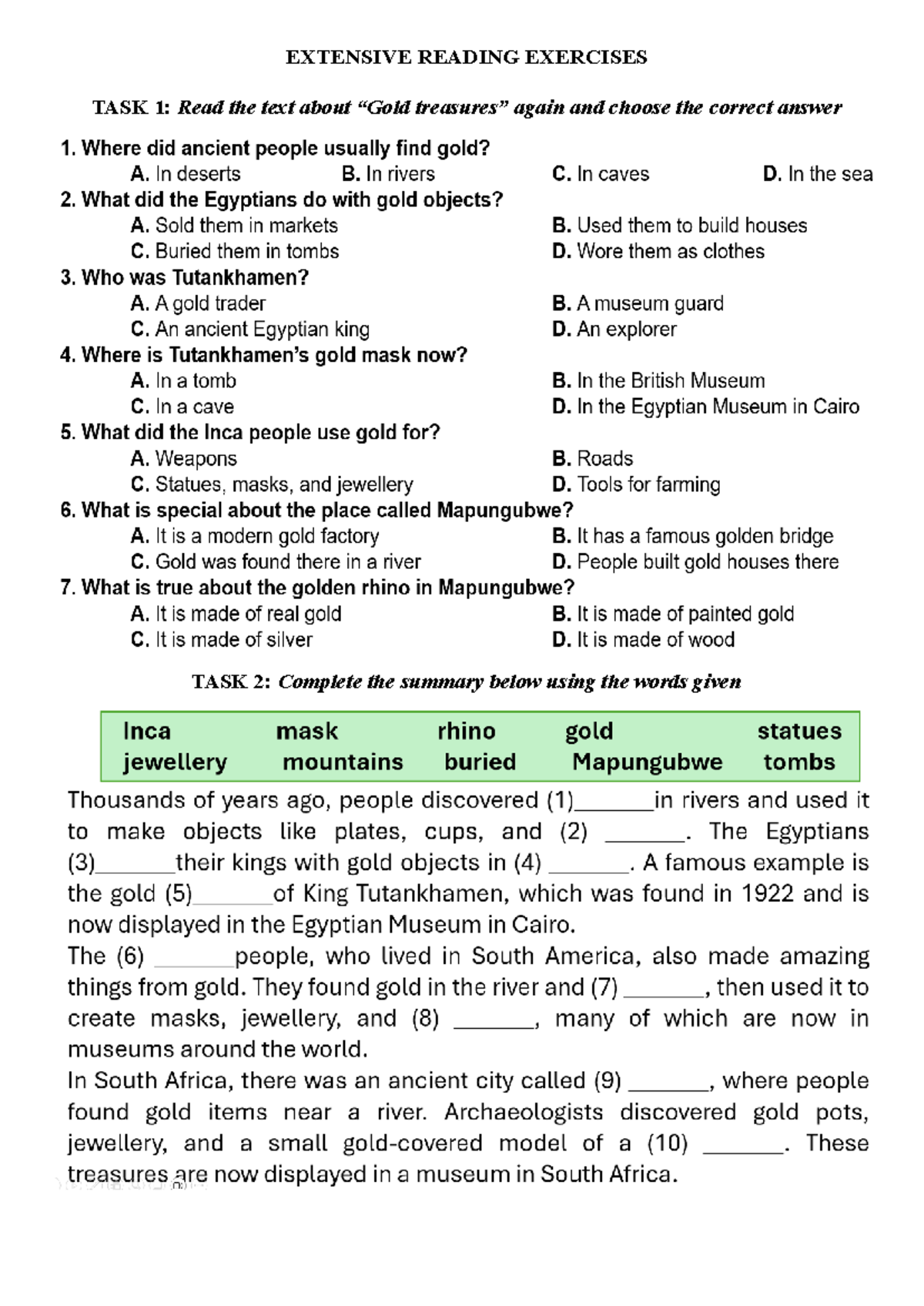 Extensive reading handouts - English - EXTENSIVE READING EXERCISES TASK ...