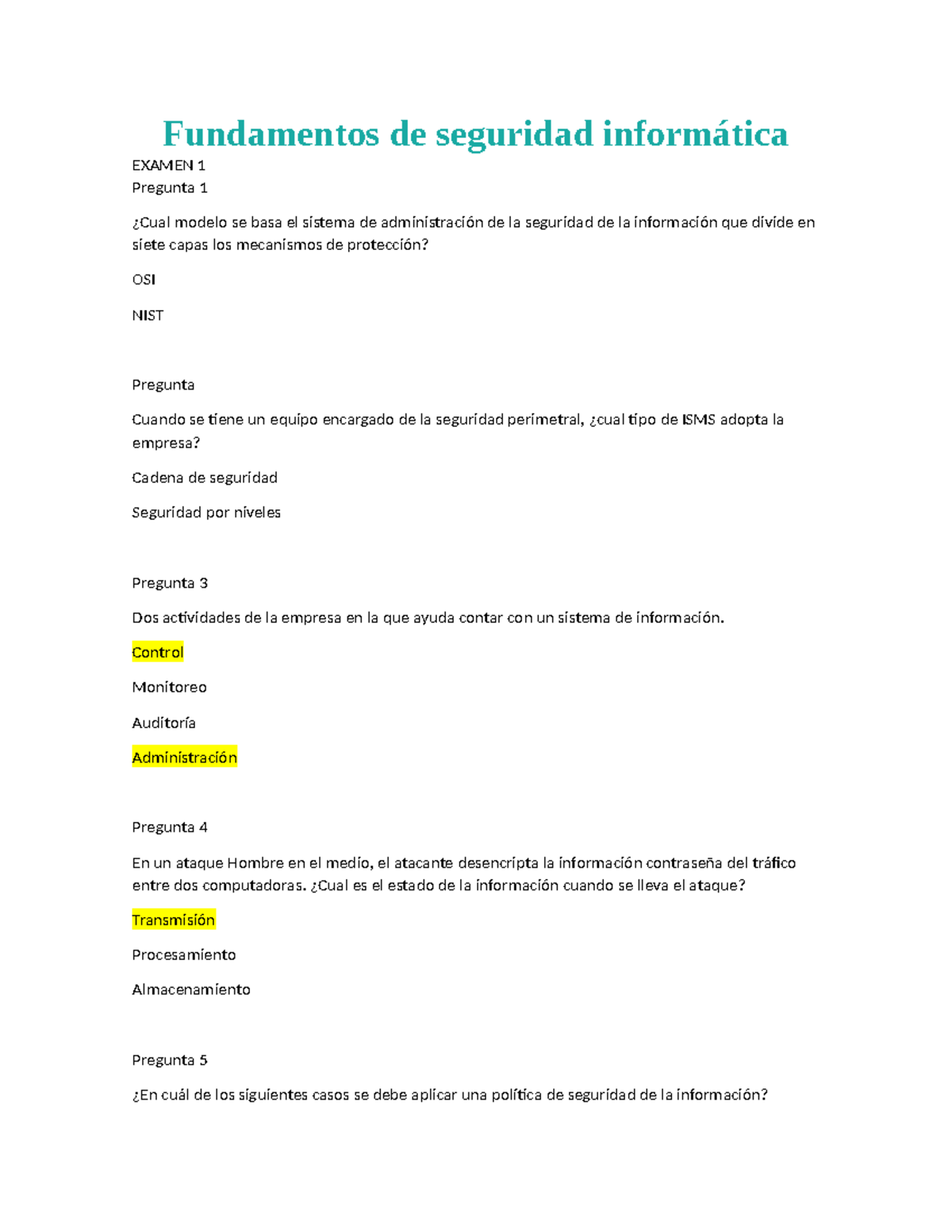 Fundamentos de Seguridad Informática EXAMEN 1 y 2: Preguntas y Respuestas - Document Preview