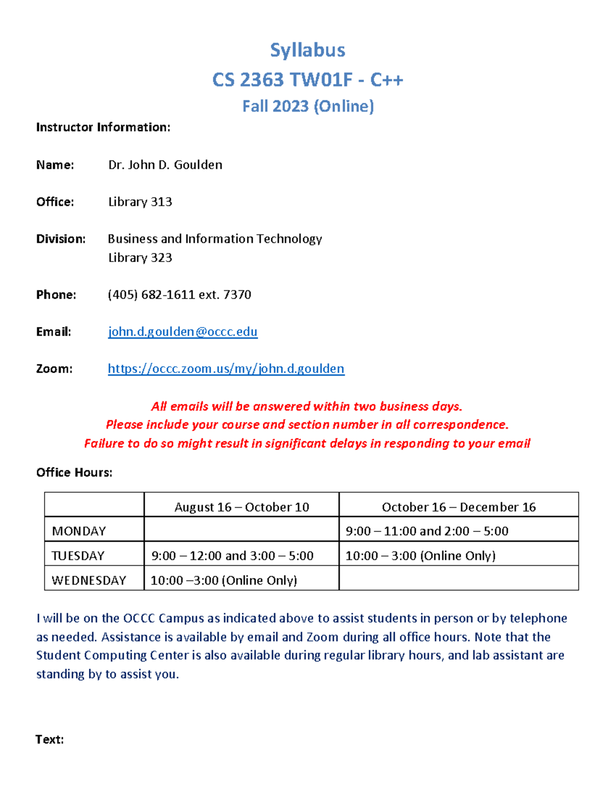 CS 2363 Syllabus - C++ Programming Fall 2023 (Online) TW01F - Studocu
