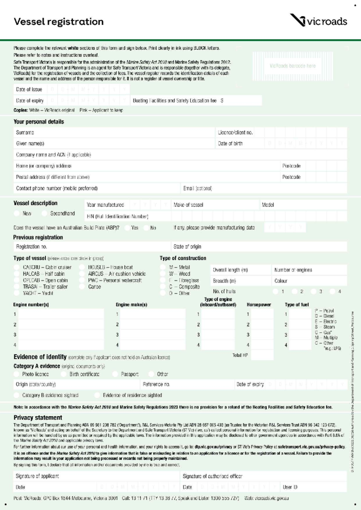 Vessel Registration Application - Marine Safety Act 2010 - Studocu