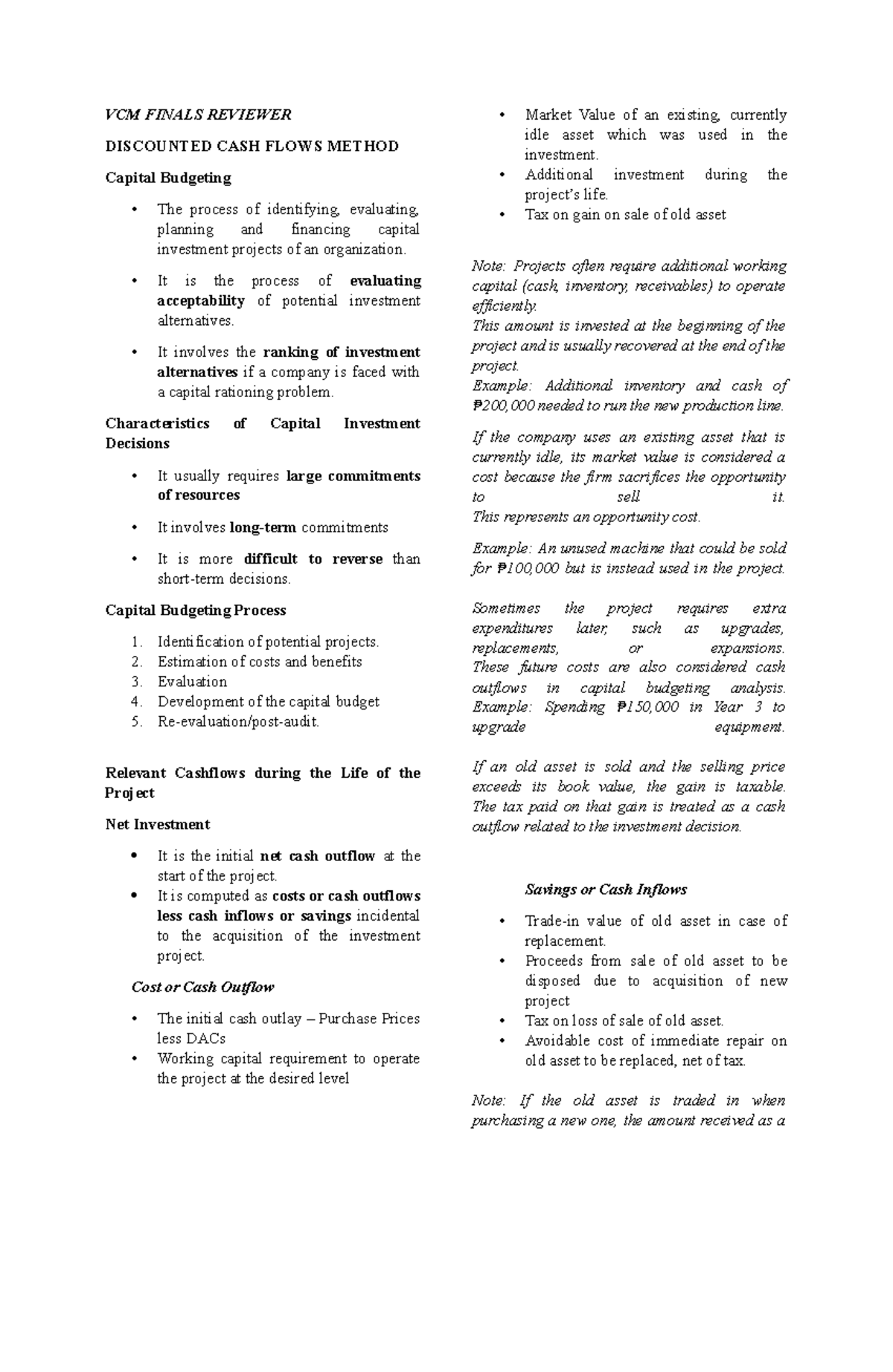 VCM FINALS REVIEWER: DISCOUNTED CASH FLOWS & CAPITAL BUDGETING - Studocu