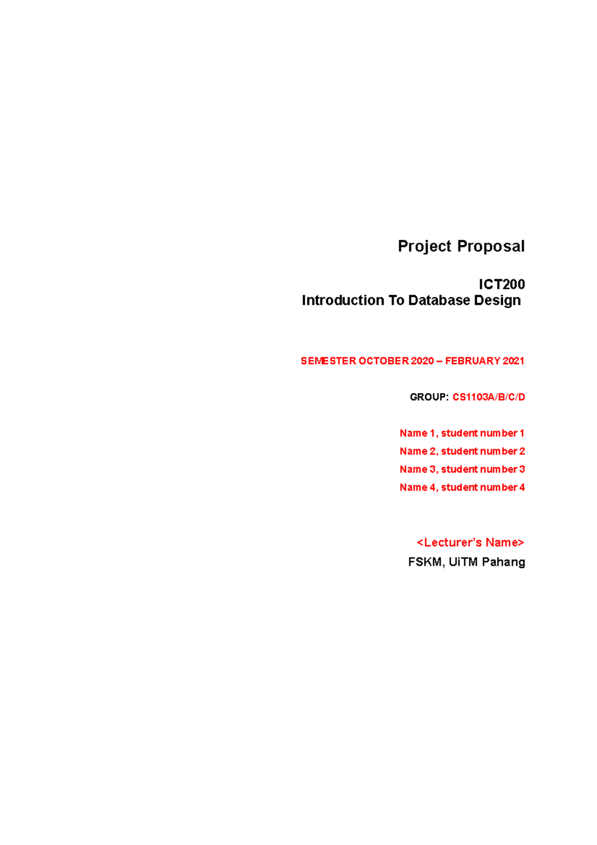 ICT200 Project Proposal Template: Database Design Oct 2020 - Studocu