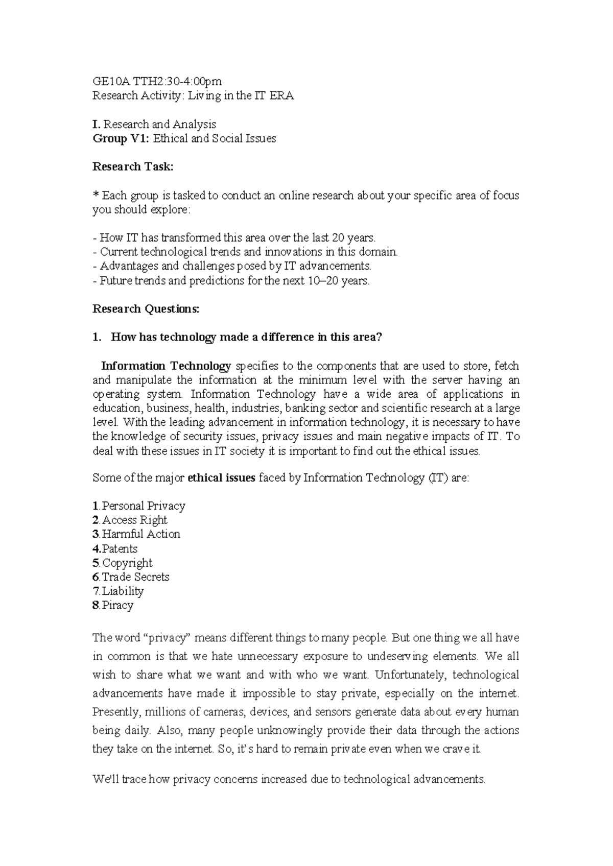 GE10A Research Activity: Ethical & Social Issues in IT Transformation ...