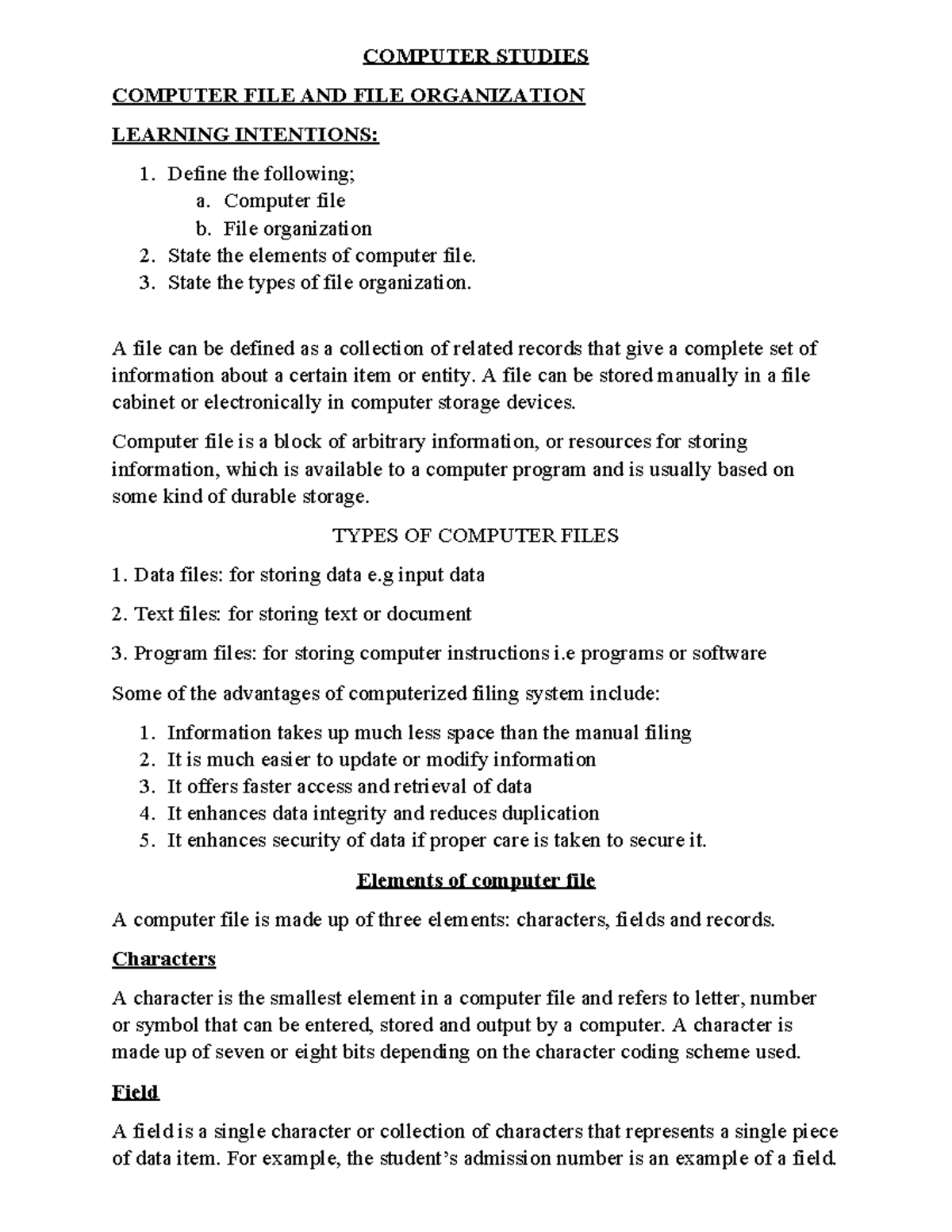 Computer Studies: File & Organization Overview (CS 101) - Studocu
